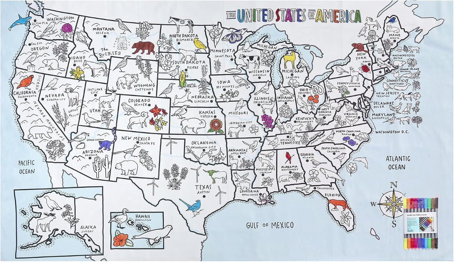 eatsleepdoodle Coloring US Map Tablecloth for Kids – Reusable Washable Activity Table Cover with 10pcs Washable Markers, Fun Arts & Crafts for Boys & Girls, Activity Blanket for Parties, Birthdays