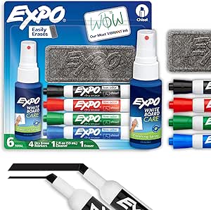 EXPO Dry Erase Markers Kit, Chisel Tip, Assorted Colours, Eraser, Spray Cleaner, 6 Count