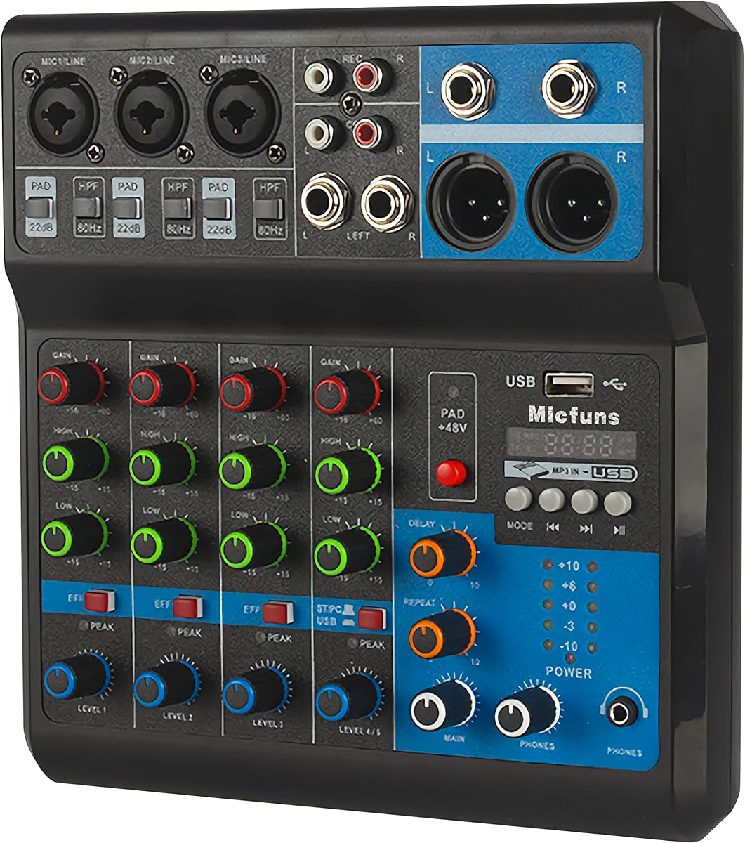 Mini mezclador de audio para DJ Sistema de consola con placa de sonido, 5 canales 48 V Phantom Power con Bluetooth USB MP3 Estéreo en vivo DJ Studio Streaming para grabación profesional fiesta KTV escenario