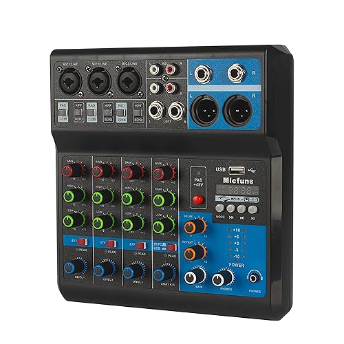 Mini audio DJ mixer Sound Board Console System,5 Channel 48V Phantom Power with Bluetooth USB MP3 Stereo live DJ Studio Streaming for professional recording party KTV stage