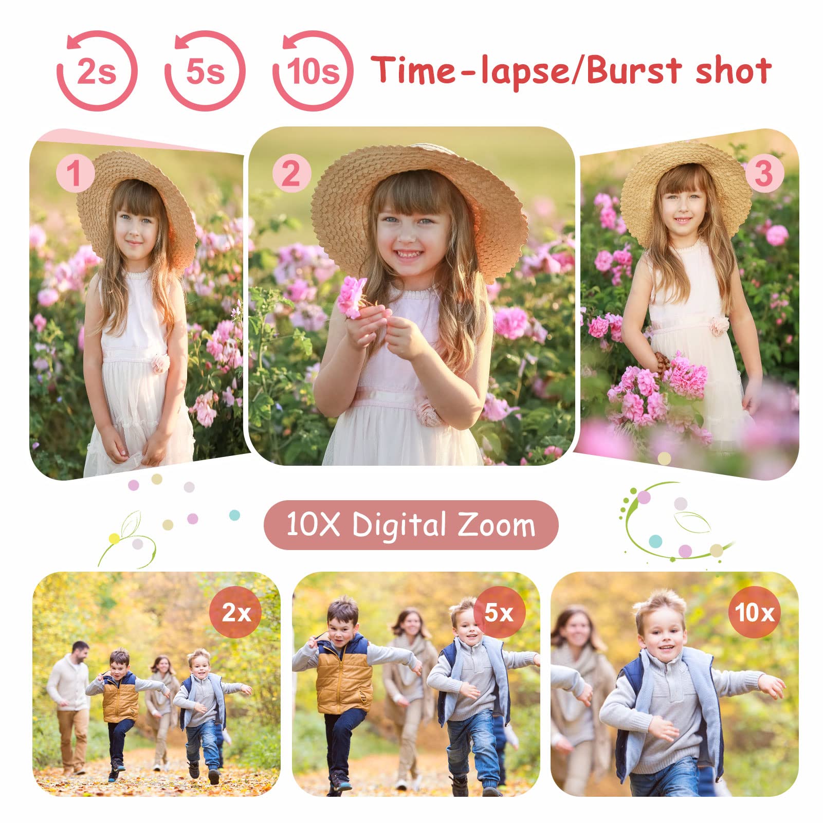 Aomdom Kinderkamera Sofortbildkamera 1080P 2,4 Zoll 10X Zoom Zero Ink Print-Papier 32G-Karte