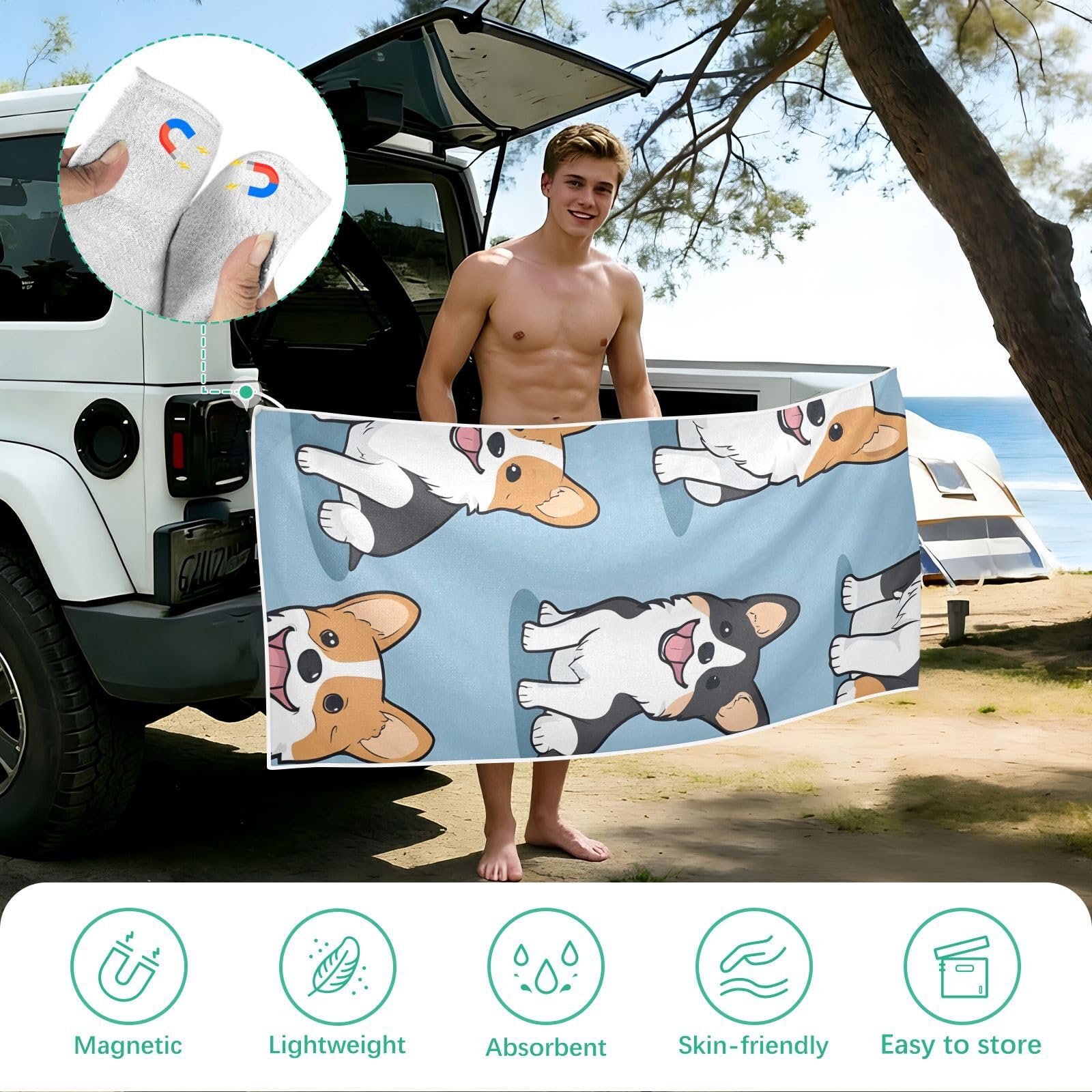 Toallas de playa grandes con bolsas de malla para adultos, toalla de baño con patrón de perros Corgi con cierre magnético, toalla absorbente de secado rápido para piscina, camping y viajes, 190