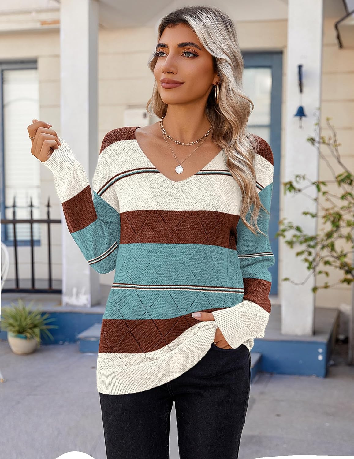 Zeagoo Womens Sweaters Fall 2026 Long Sleeve Knit Pullover V Neck Lightweight Crochet Sweater Tops Dressy Casual - Image 2