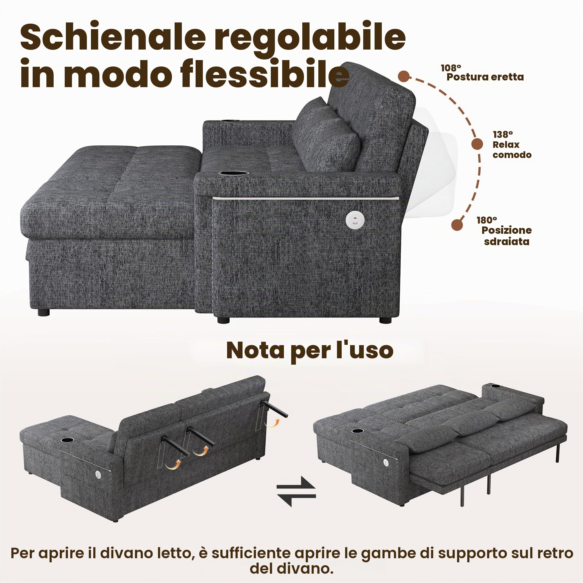 Divano ad angolo con funzione letto, 3 posti, divano L piccolo, divano ad angolo con illuminazione e prese USB, divano con spazio di archiviazione, schienale regolabile – soggiorno, grigio+