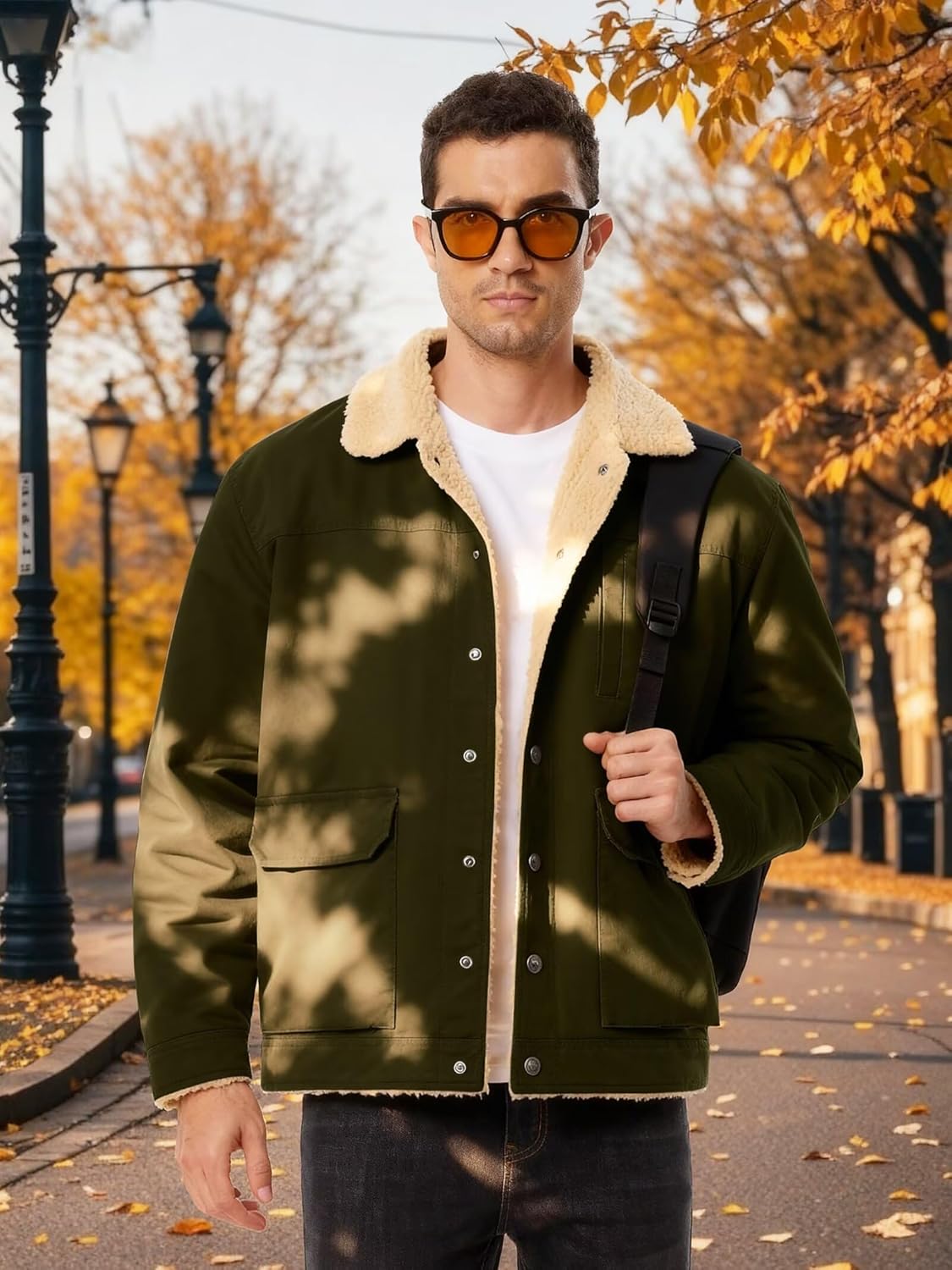 Men's Winter Fleece Lined Jacket Casual Thermal Trucker Coat Lightweight Cotton Cargo Work Jacket with Pockets for Fall - Image 4