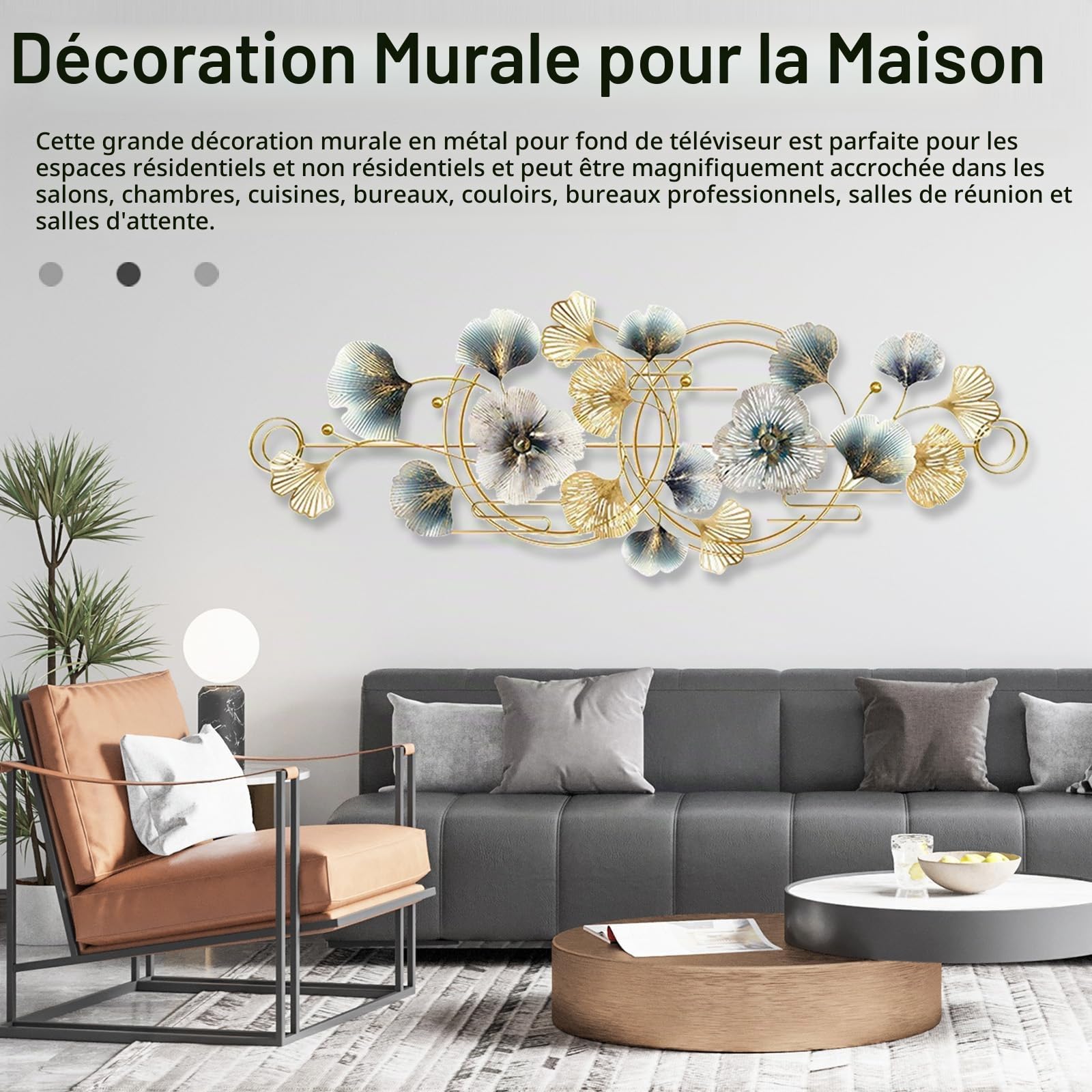 Aisny Décoration Murale Salon, 127X44cm Décoration Murale 3D Salon Fleurs Sculptures Métal Suspendue Canapé Fond Bureau Ornements Muraux Sculptures Murales Avec 2 Vis