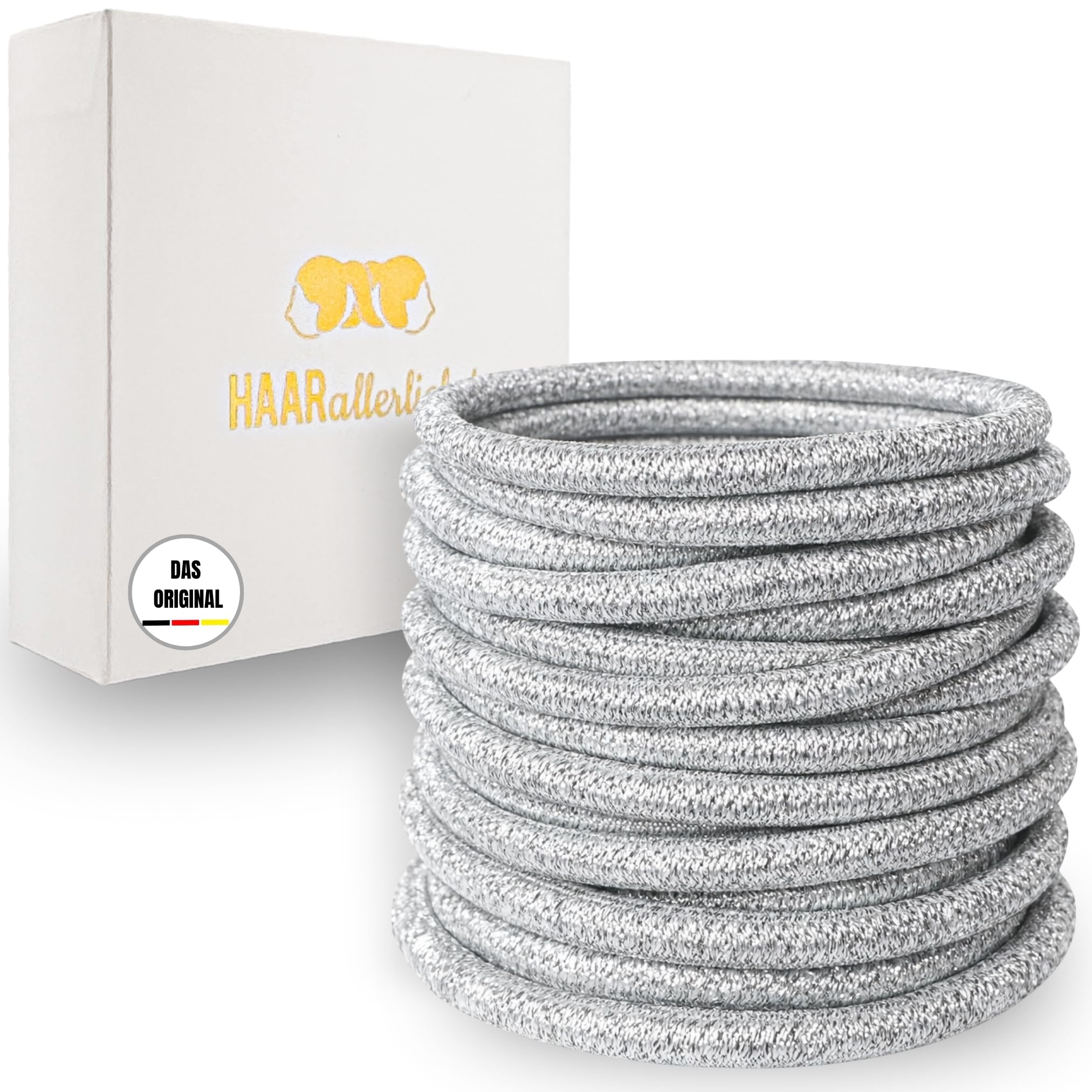 HAARallerliebst® 20 Stück silberne Haargummis Farbe silber, 4,5mm dick Metallfreie Zopfgummis für Damen, Mädchen & Herren inkl Schachtel zur Aufbewahrung für Haarschmuck, Haargummi & Haarbänder Kosmetik
