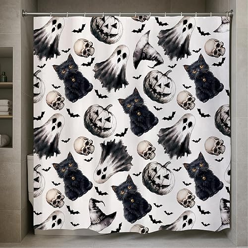 Miniatura 4 de GPGHE Cortina de ducha para decoración de Halloween, gótica, fantasma, gato, juego de cortinas de baño retro con 12 ganchos, 71 x 71 pulgadas