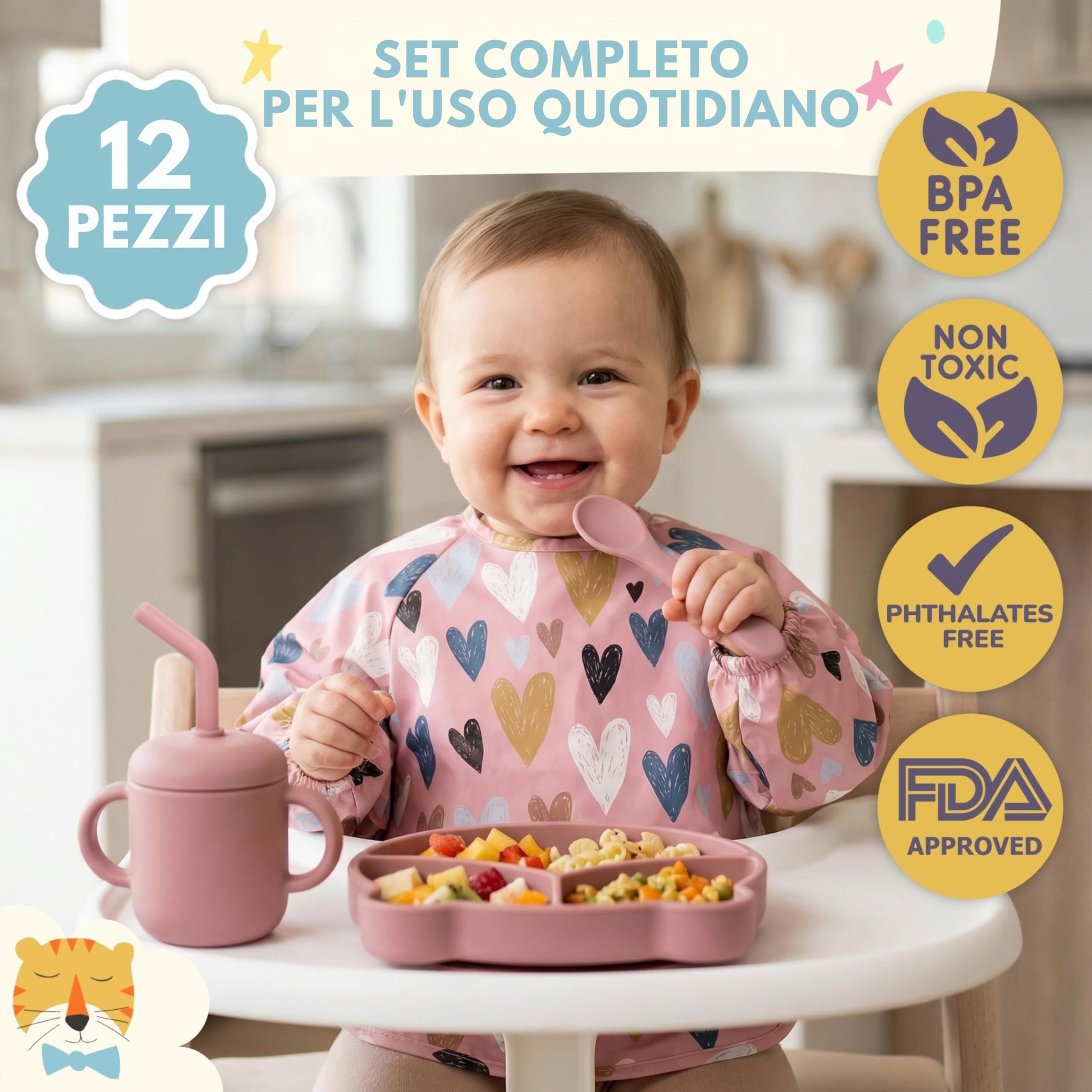 Set Pappa Svezzamento Neonato in Silicone 12 Pezzi | Piatto e Ciotola con Ventosa, Tazza 3 in 1, Posate, Bavaglini Impermeabili, Ciuccio Frutta | Senza BPA, Microonde e Lavastoviglie