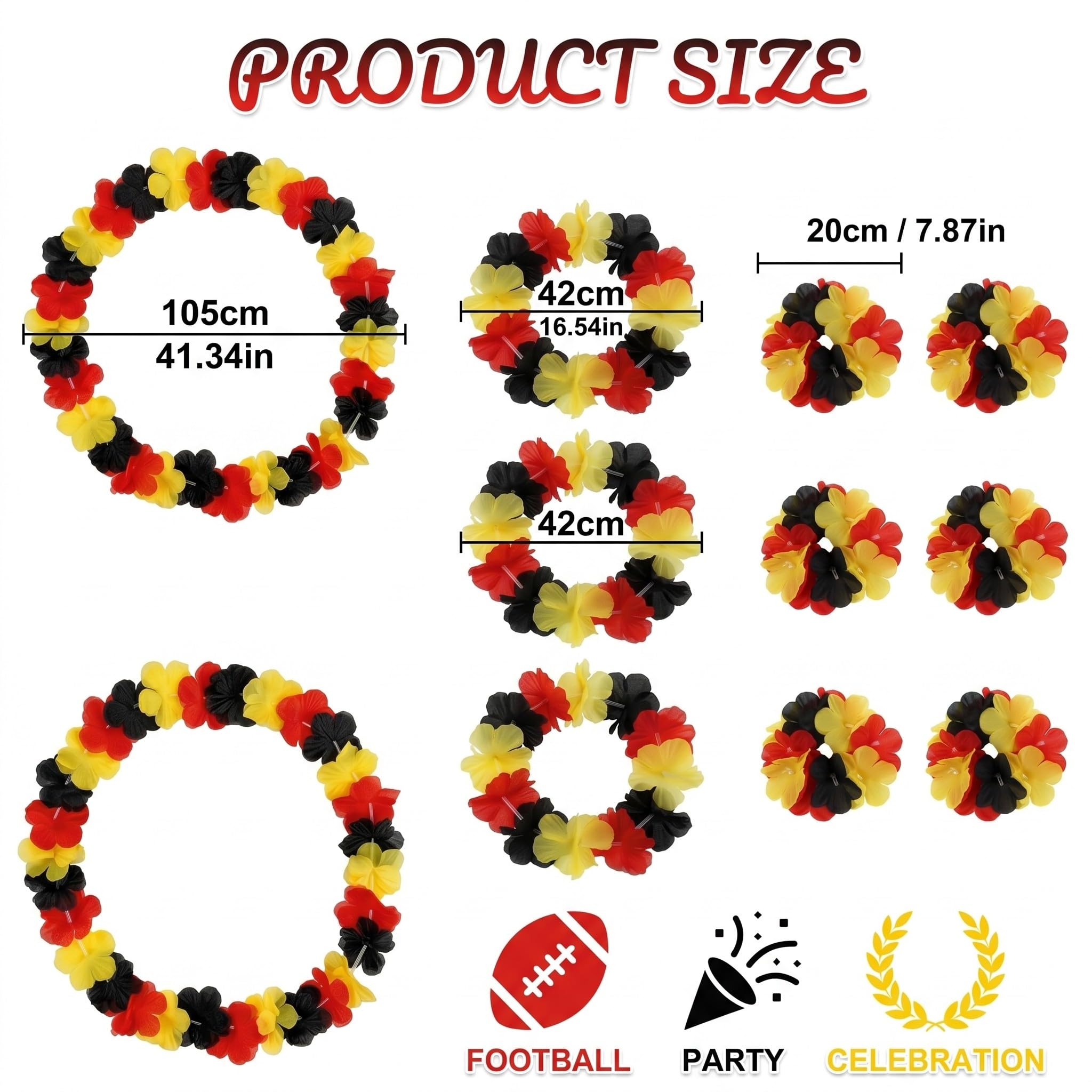 Lot de 3 Sets Collier Hawaien Fleurs Noir Rouge Jaune (12 Pièces), accessoire supporter pour matchs de football, décoration fan de foot pour fêtes, 3 colliers, 3 bandeaux et 6 bracelets