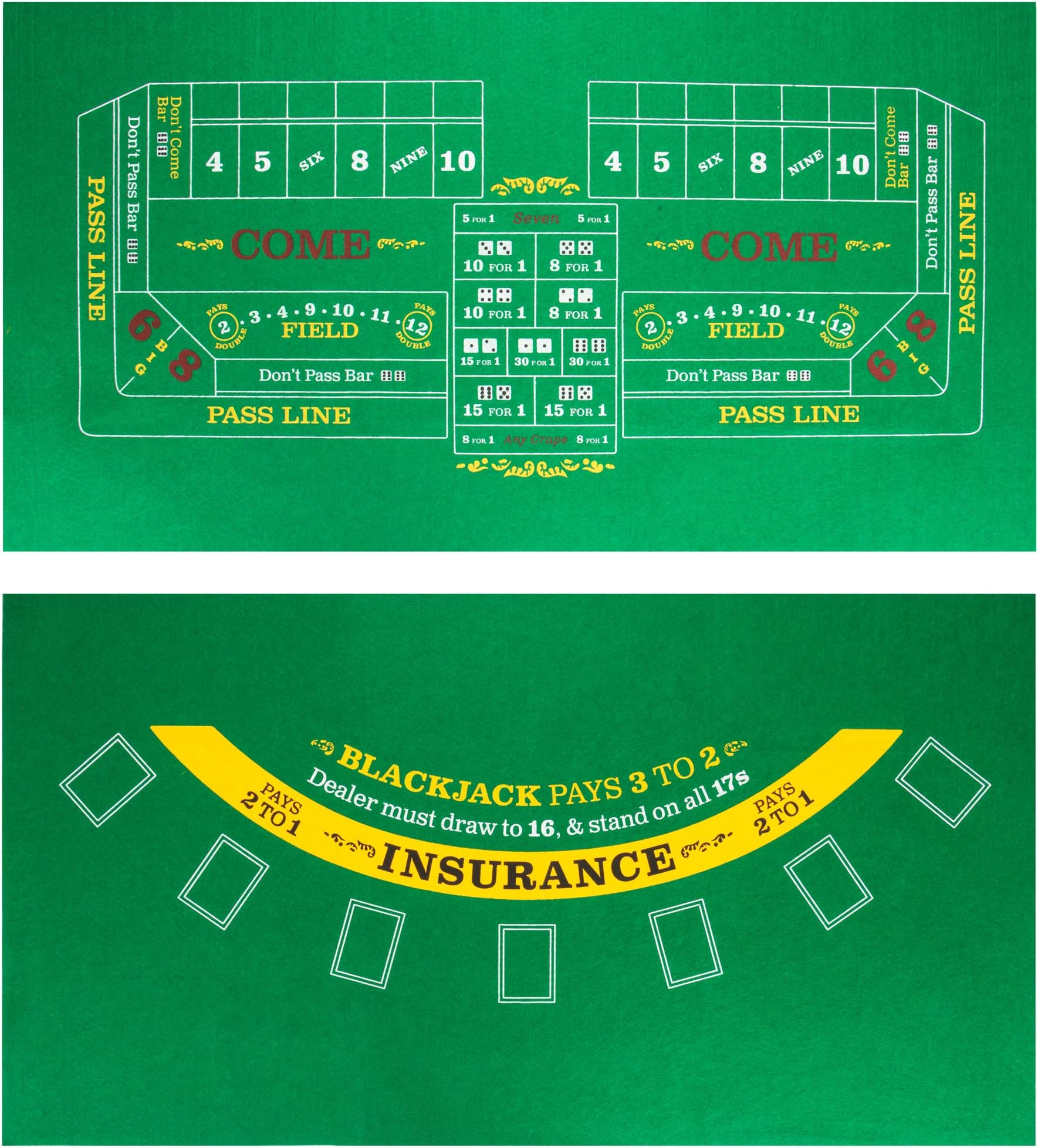 Brybelly Double-Sided Craps Table & Blackjack Casino Felt | Convenient, Space-Saving 36" x 18" Roll-up Casino Gambling Tabletop Mat | Smooth 2mm Mini-Felt for Coffee Table Craps & Blackjack