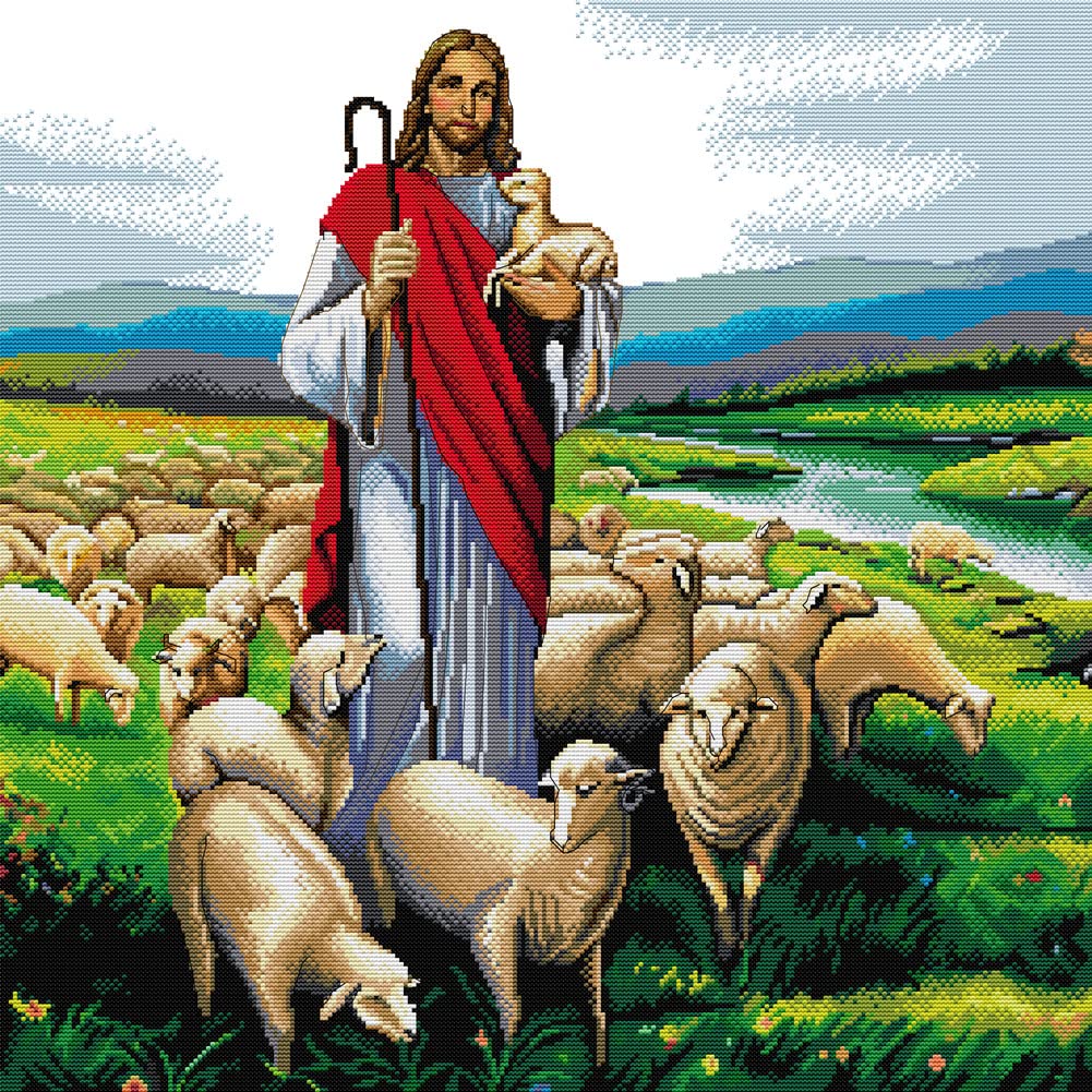 Awesocrafts Jesus Cross Stitch Stamped Kits Shepherd Easy Patterns Cross Stitching Embroidery Needlework Kit Supplies 14Ct 2 Strands (Jesus)