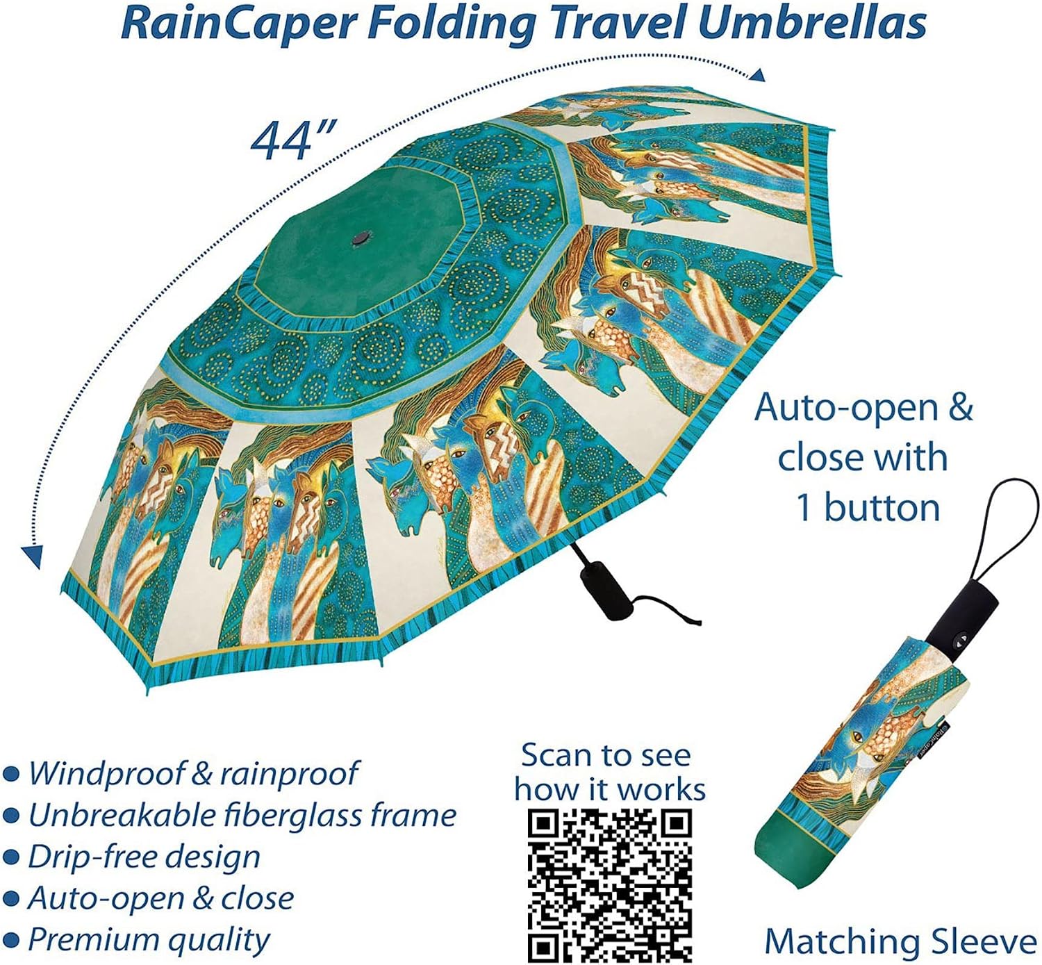 RainCaper Laurel Burch Windproof Auto Open Close 43” Coverage Folding Travel Umbrella with Matching Sleeve