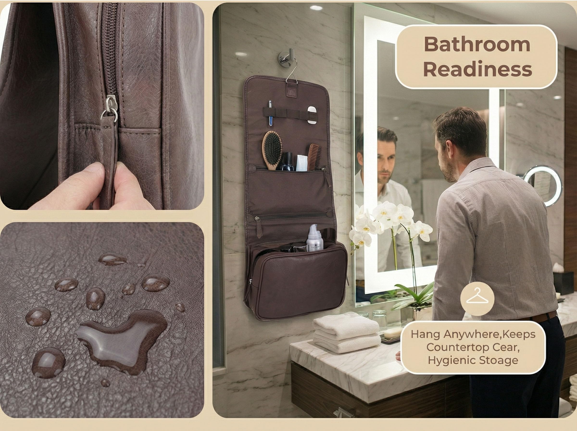 Neceser colgante de cuero para hombre, organizador de afeitado de viaje, bolsa de aseo plegable para artículos de tocador, maquinillas de afeitar, kit de dopp para viajes de