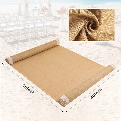 Miniatura 3 de Camino de pasillo de boda de arpillera natural de 40 pulgadas de ancho con encaje marfil, 40 pulgadas de ancho x 15 pies de largo