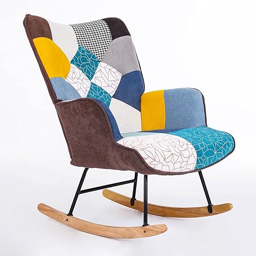 DNAKE Mecedora tapizada capitonada para guardería, cómoda mecedora con respaldo de ala con base segura de madera maciza para sala de estar,