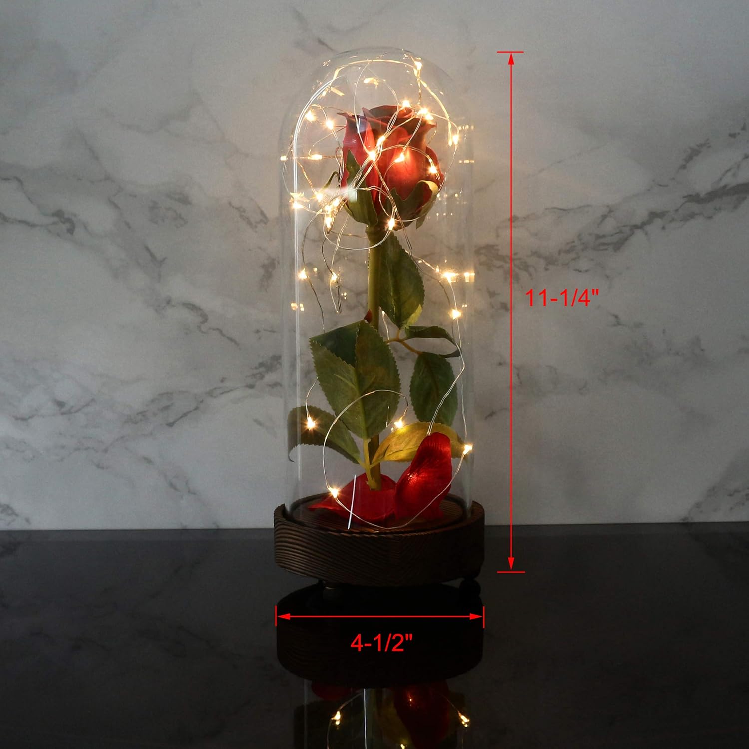CVHOMEDECO. Battery Operated w/Timer LED Lighted and Red PU Rose with Fallen Petals in a Glass Dome, Great Gift for Valentine's Day Wedding Anniversary Birthday (Dia. 4-1/2 x H 11-1/4 Inch)