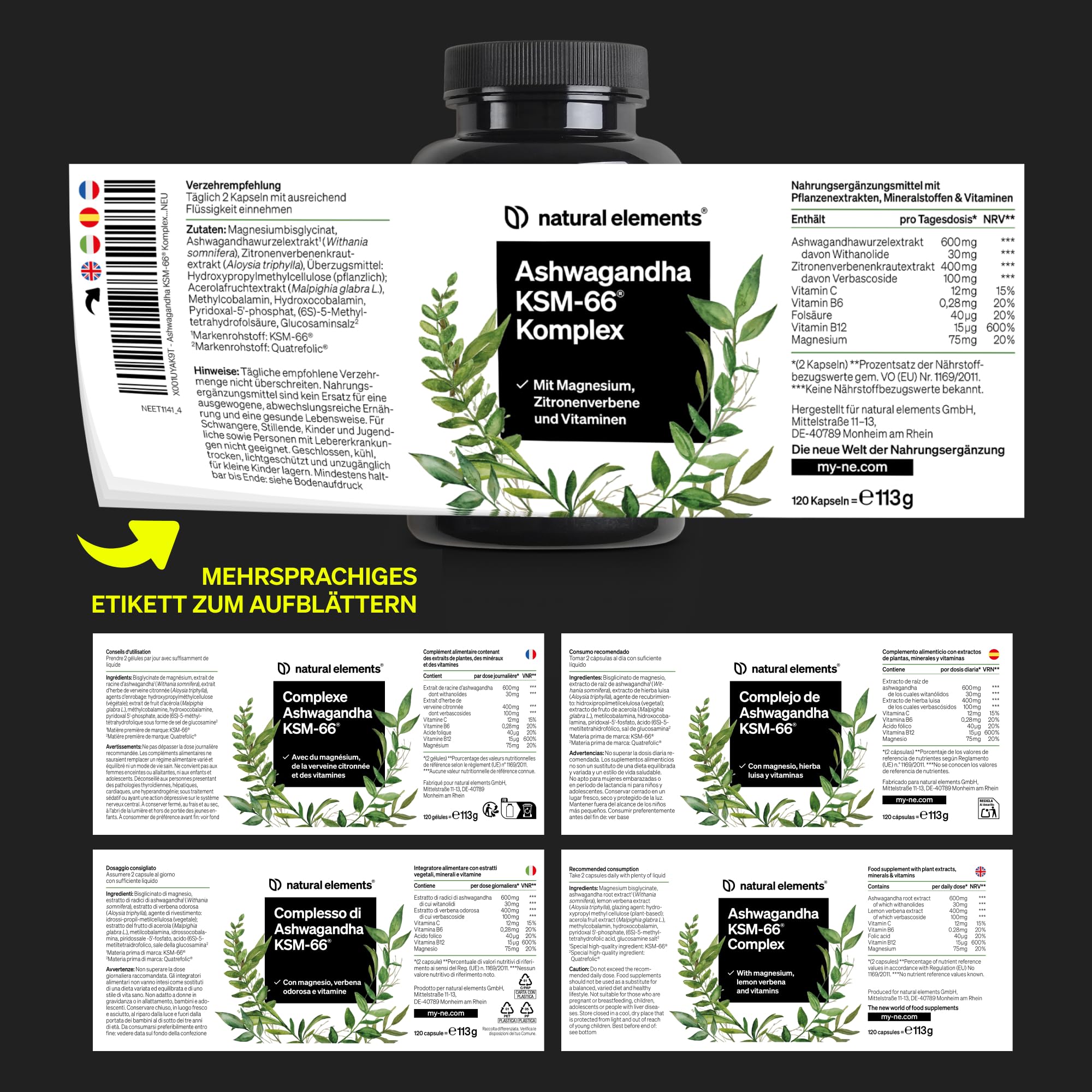 natural elements Ashwagandha Komplex – 600mg pro Tagesdosis – 120 Kapseln – mit KSM-66, Zitronenverbene, Magnesium, Folsäure und Vitamin C, B6 und B12 – hochdosiert & vegan – laborgeprüft