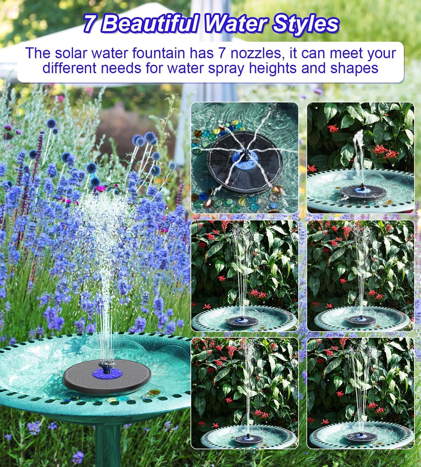 SZMP Fontaine Solaire LED Colorées, 3.5W Extérieur Flottante Pompe Bassin Solaire, 2200mAh Batterie, 2025 Fontaine Solaire Verre avec 7 Buses & 4 Tiges Fixes pour Bain d'oiseaux Aquarium Jardin