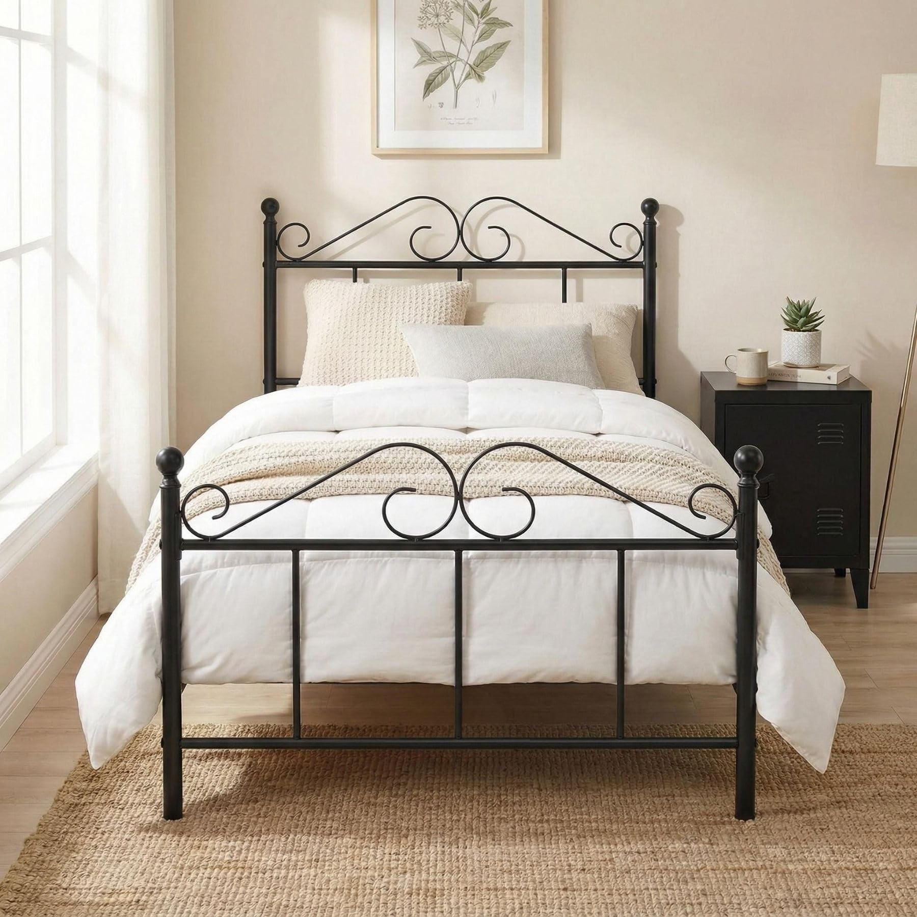 FurnitureR 3ft Single Bed, Metal Platform Bed Frame Solid Bedstead Base High Headboard and Footboard,28cm Height Underbed Storage Space, Fits for Teens/Adults/Boys/Girls/Tiwn,Black — image 1