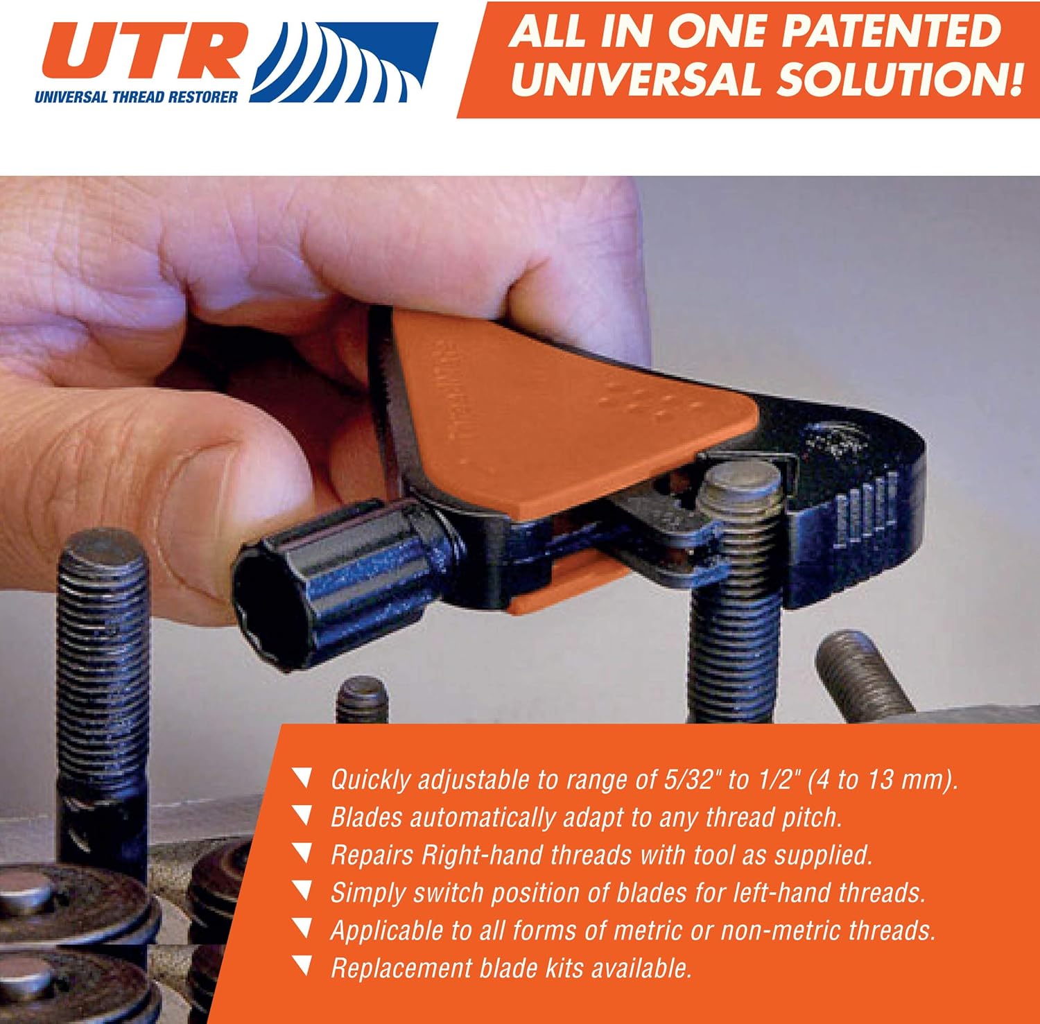 UTR - Universal Thread Restorer. External Thread Repair Tool. Easily Replaces hundreds of Dies. Automatically chases threads within range 5/32" - 1/2",4-13 mm. All In One Patented Universal Solution!