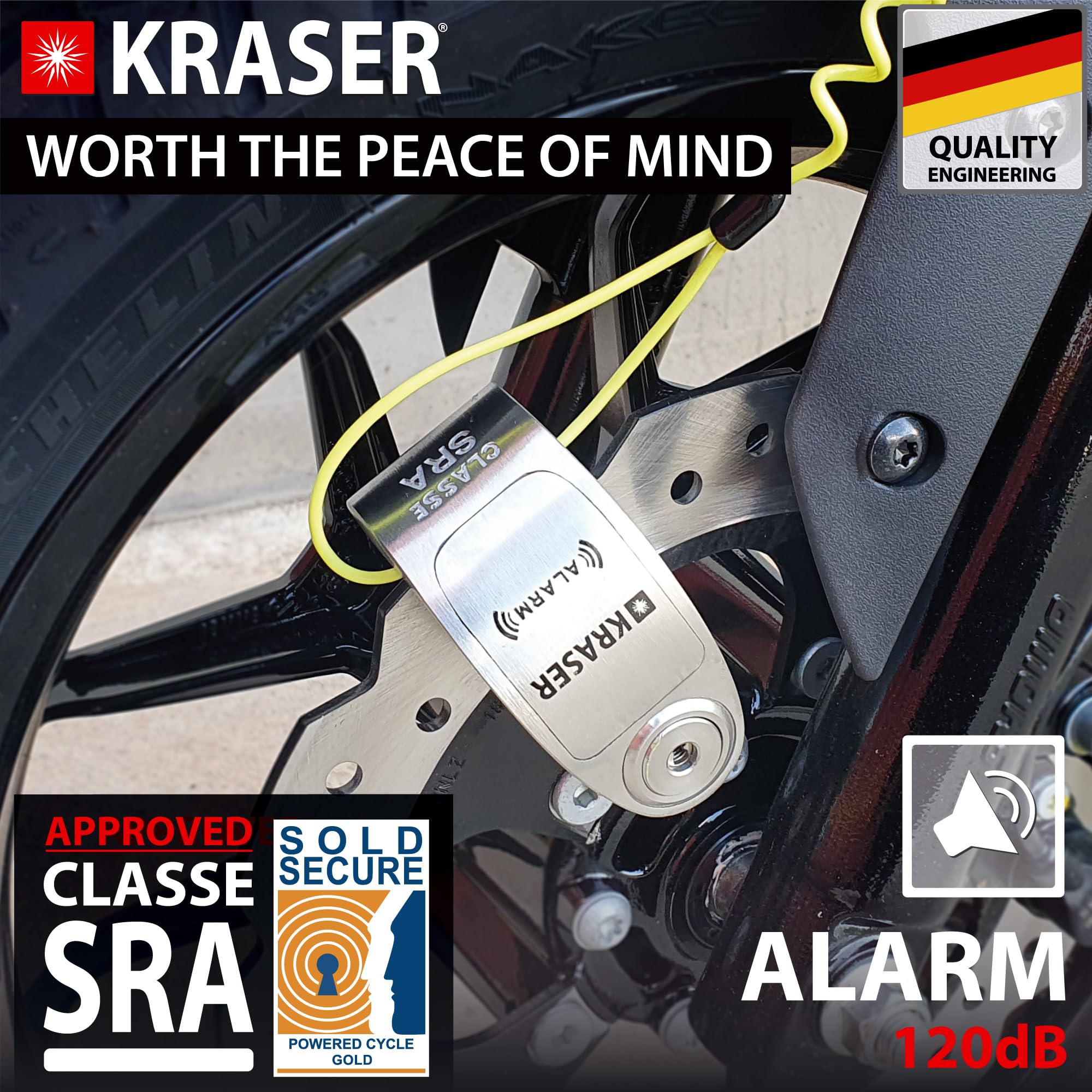 KRASER KR10S Blocaddisco Moto con Allarme 120dB, Doppia Chiusura ø10mm, Omologato SRA, Serratura Alta Sicurezza Antistrappo, Impermeabile, Filo Promemoria, Lucchetto Antifurto per Moto Blocca Disco