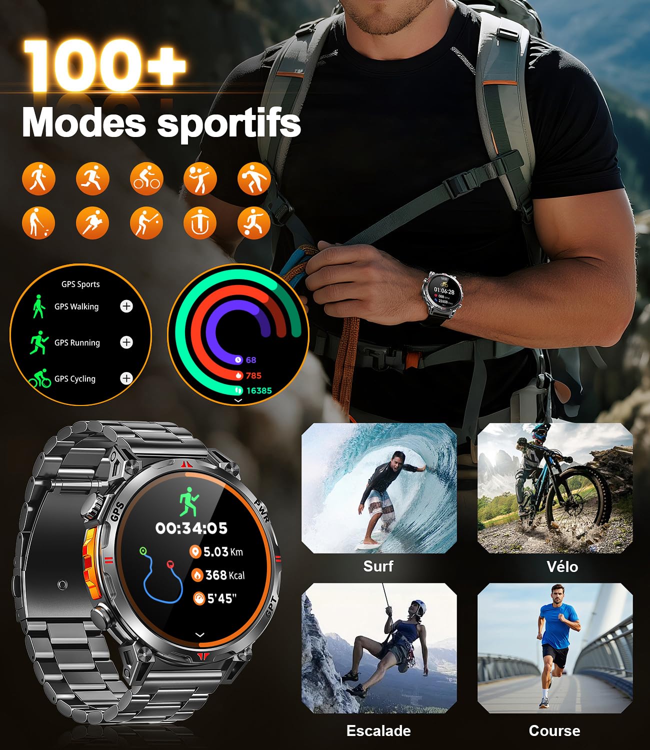 Montre Connectée Homme GPS intégré, AMOLED Appel Bluetooth, Montre Connectée pour Android et iPhone, 100+ Modes Sportifs, 3ATM étanche Montre Sport Homme avec Boussole (1.6)
