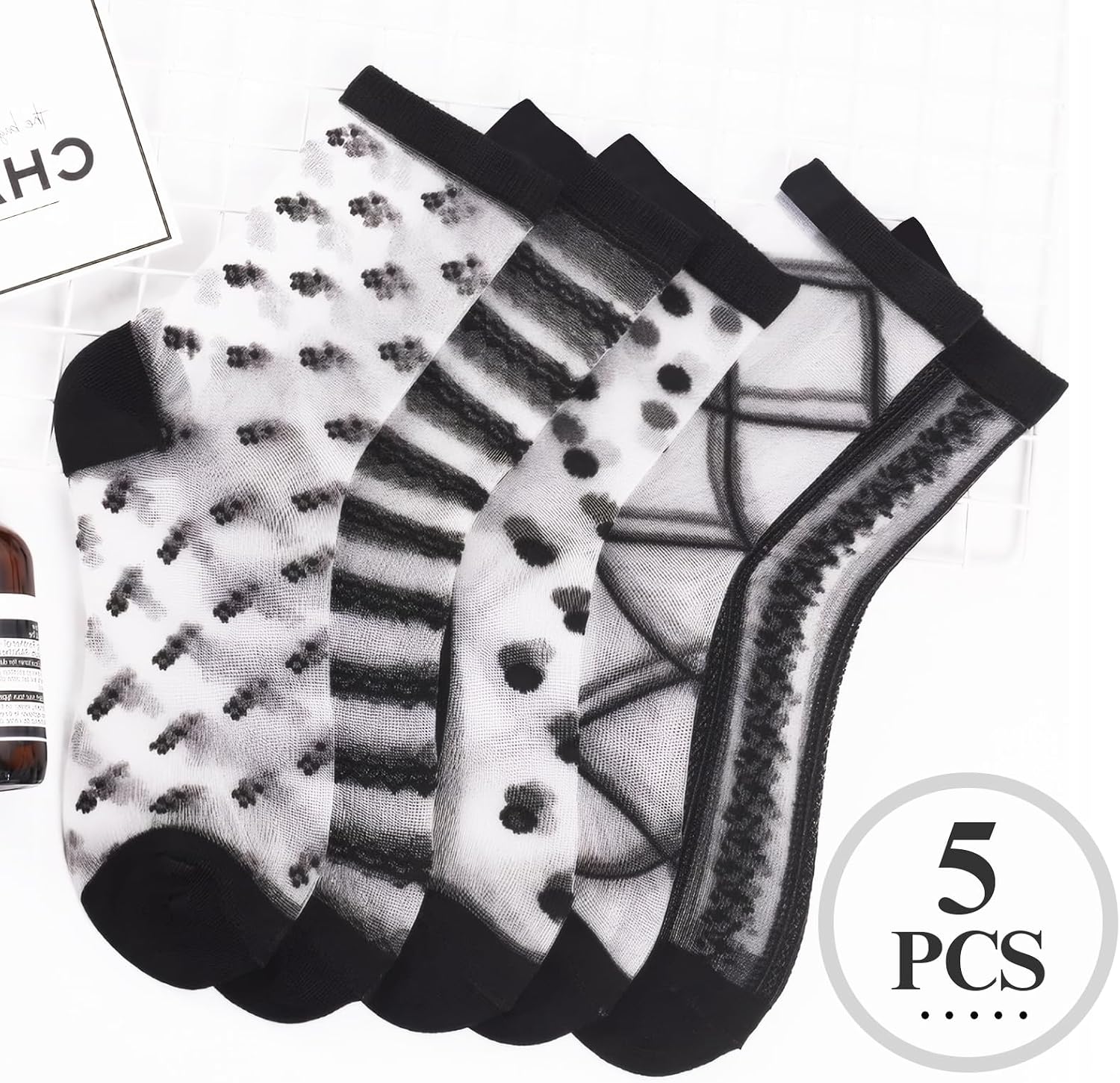 5 Pairs Stocking Socks Women Black See Through Socks Dot Striped Plaid Ankle Summer And Autumn Nylon Lace Dress Sock For Women Girls Thin Fashion Transparent Black