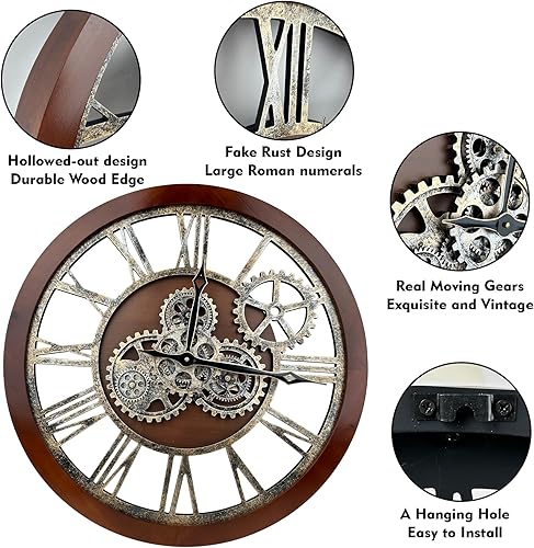 Miniatura 3 de El Reloj de Pared Grande B-Style de 24 pulgadas, Reloj de Pared con Engranaje Móvil de Tamaño Extra Grande Vintage Estilo Granja, Relojes de Pared