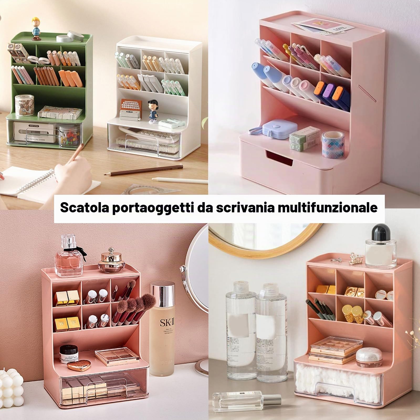 Portapenne da Scrivania Multifunzionale Organizer da Scrivania con Cassetti Portamatite da Scrivania con 6 Scomparti Organizzatore per Cancelleria in Plastica per Ufficio Scuola Casa (Rosa 2)