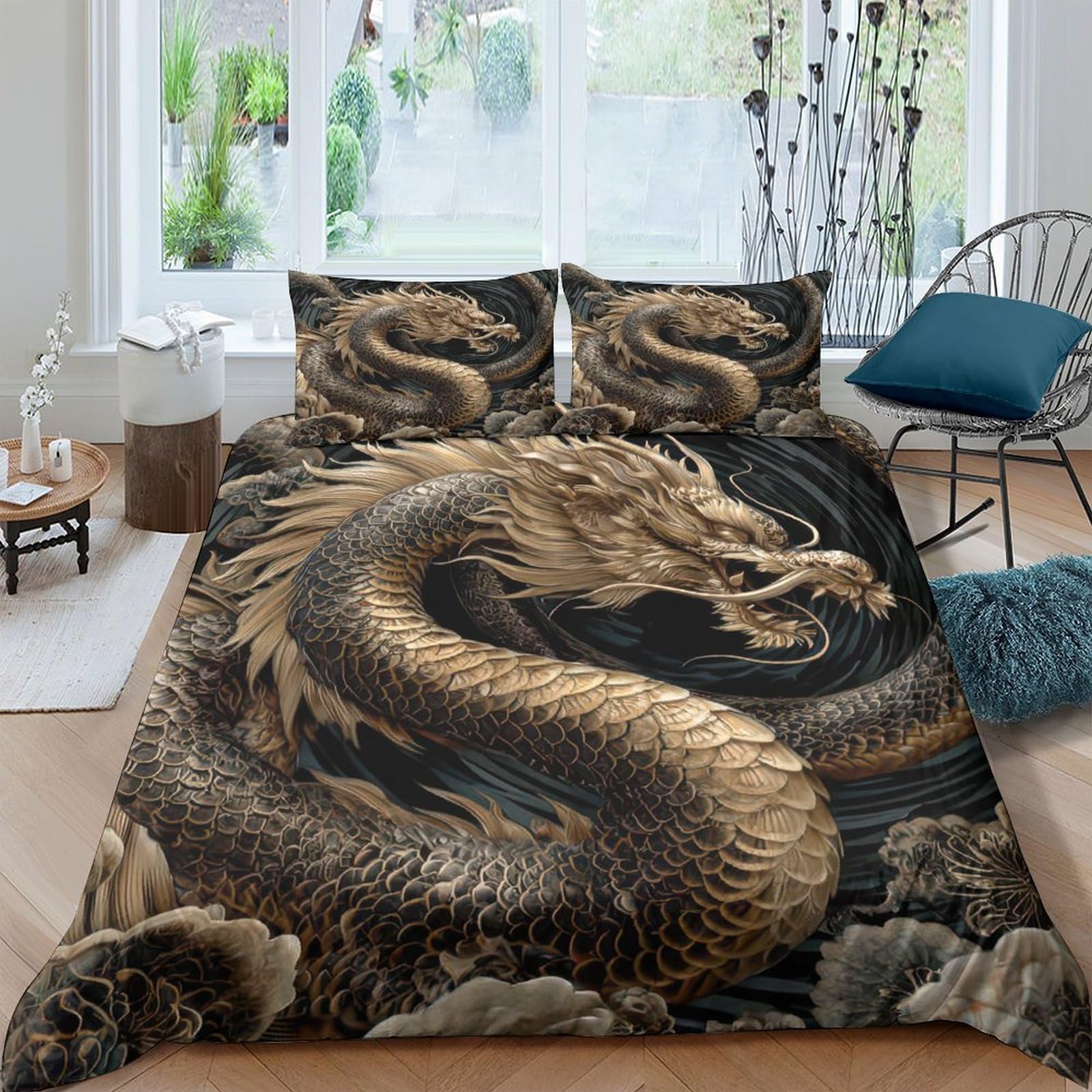 Ctjqhvkz Style-8 3D Printed Golden Dragon Fitted Sheet Microfiber Non-Slip Mattress Cover Black Asian Art For Bedroom Guest Room Decor Single（135X200cm）