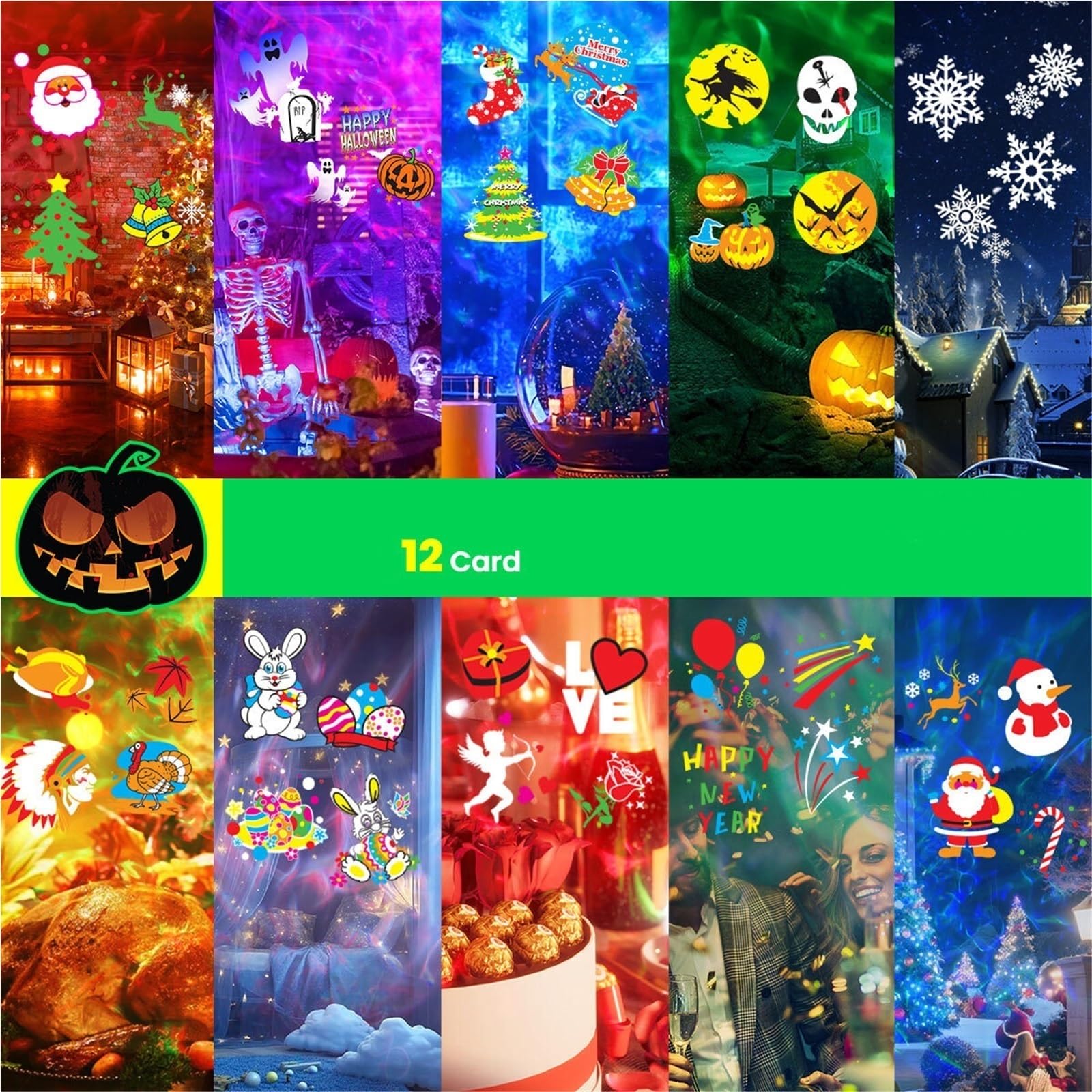 Projection Light - Weihnachtsprojektorlicht, 12 Musterkarten, for Halloween und Weihnachten
