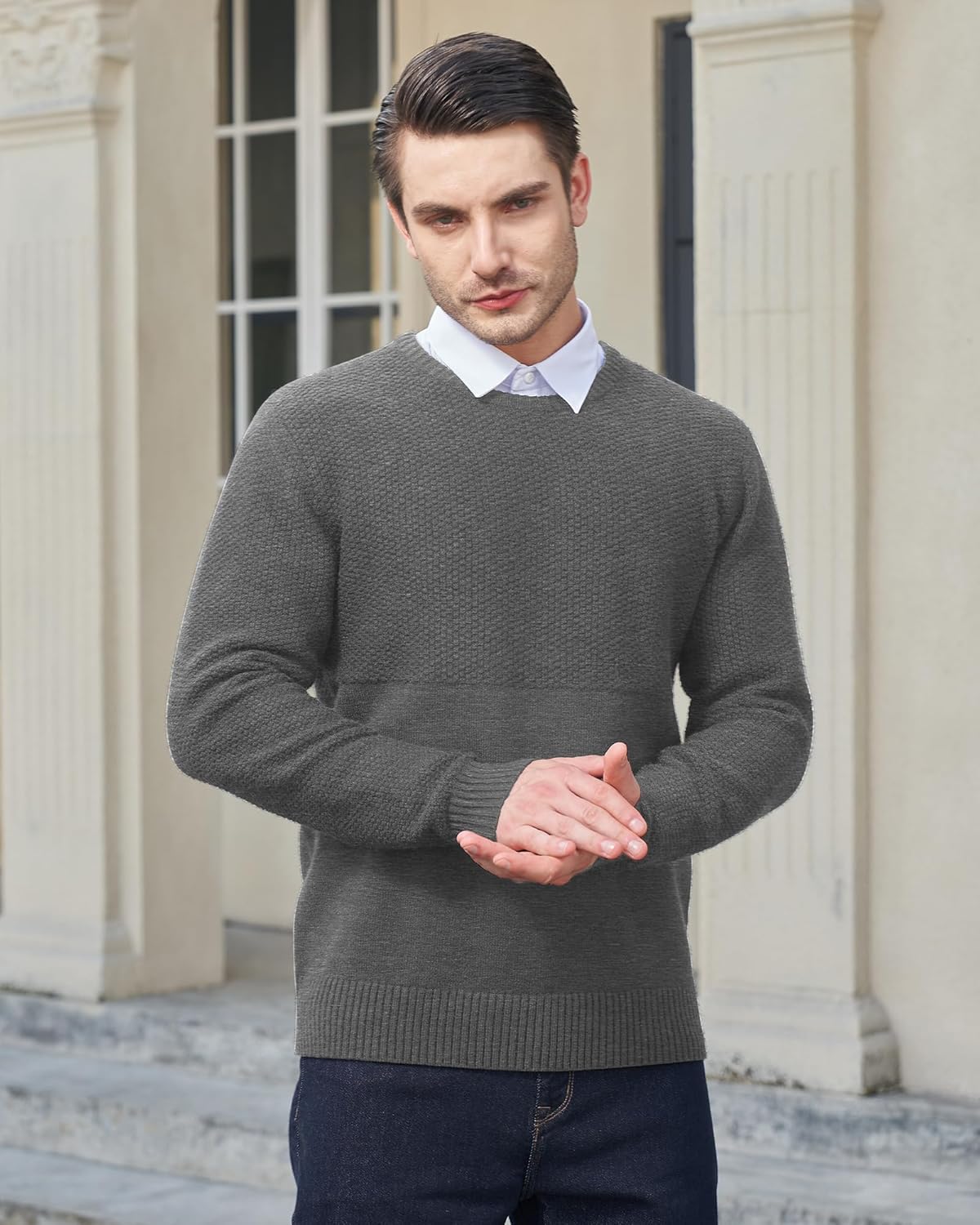 YTD Men's Crewneck Pullover Sweater Textured Long Sleeve Knitted Sweaters - Image 3