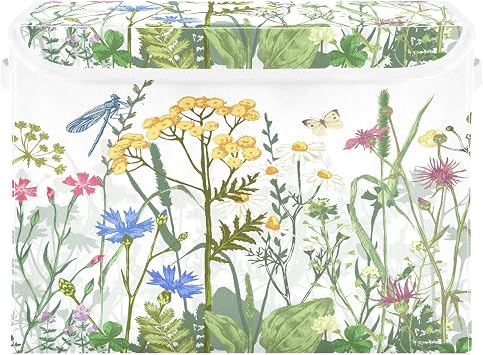 Storage Bins with Lid, Flower Herb Butterfly Dragonfly Storage Box Organizer Toys Bedroom Nursery, 16.5"x12.6"x11.8" Large Collapsible Storage Cube for Home Office Closet Shelf