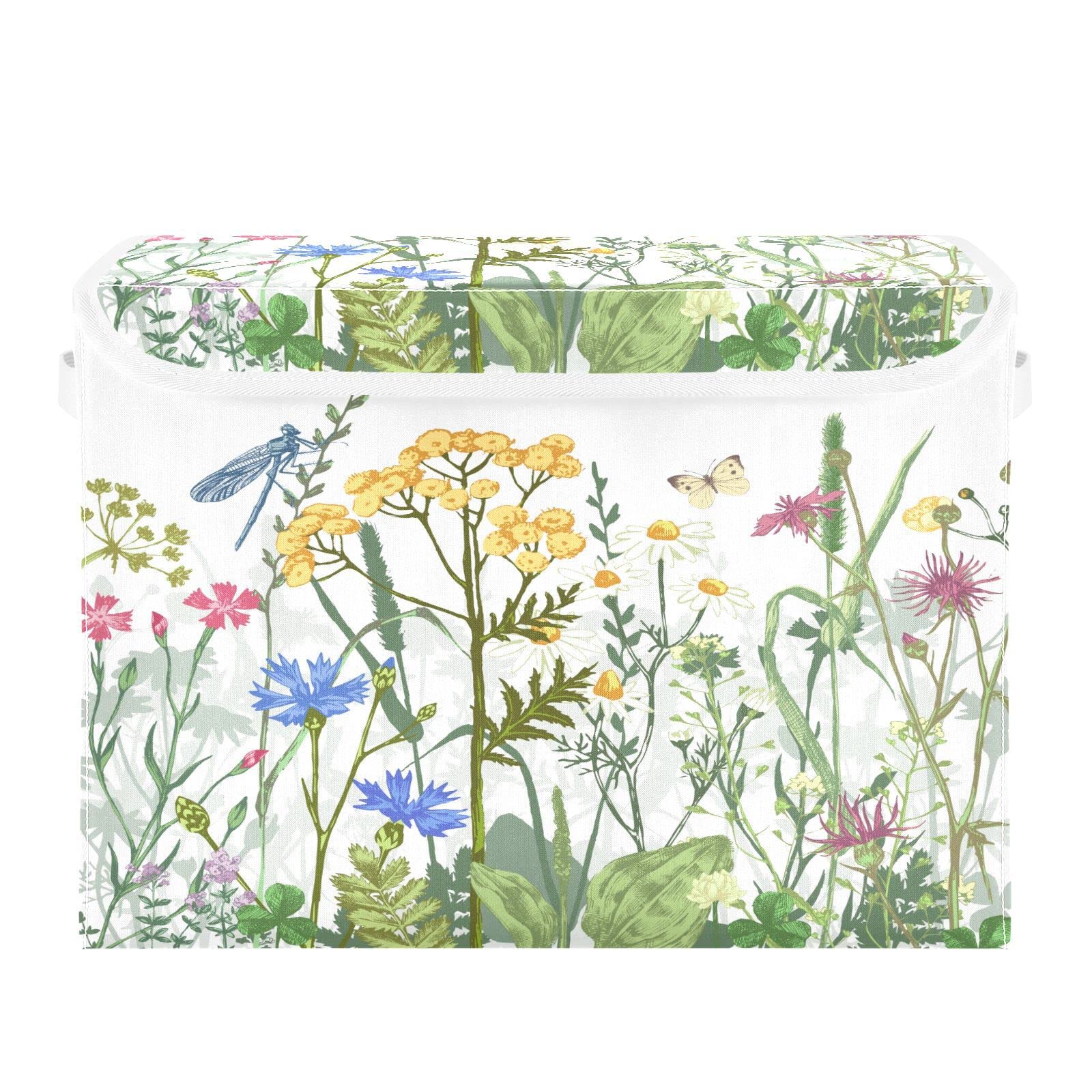Storage Bins with Lid, Flower Herb Butterfly Dragonfly Storage Box Organizer Toys Bedroom Nursery, 16.5"x12.6"x11.8" Large Collapsible Storage Cube for Home Office Closet Shelf