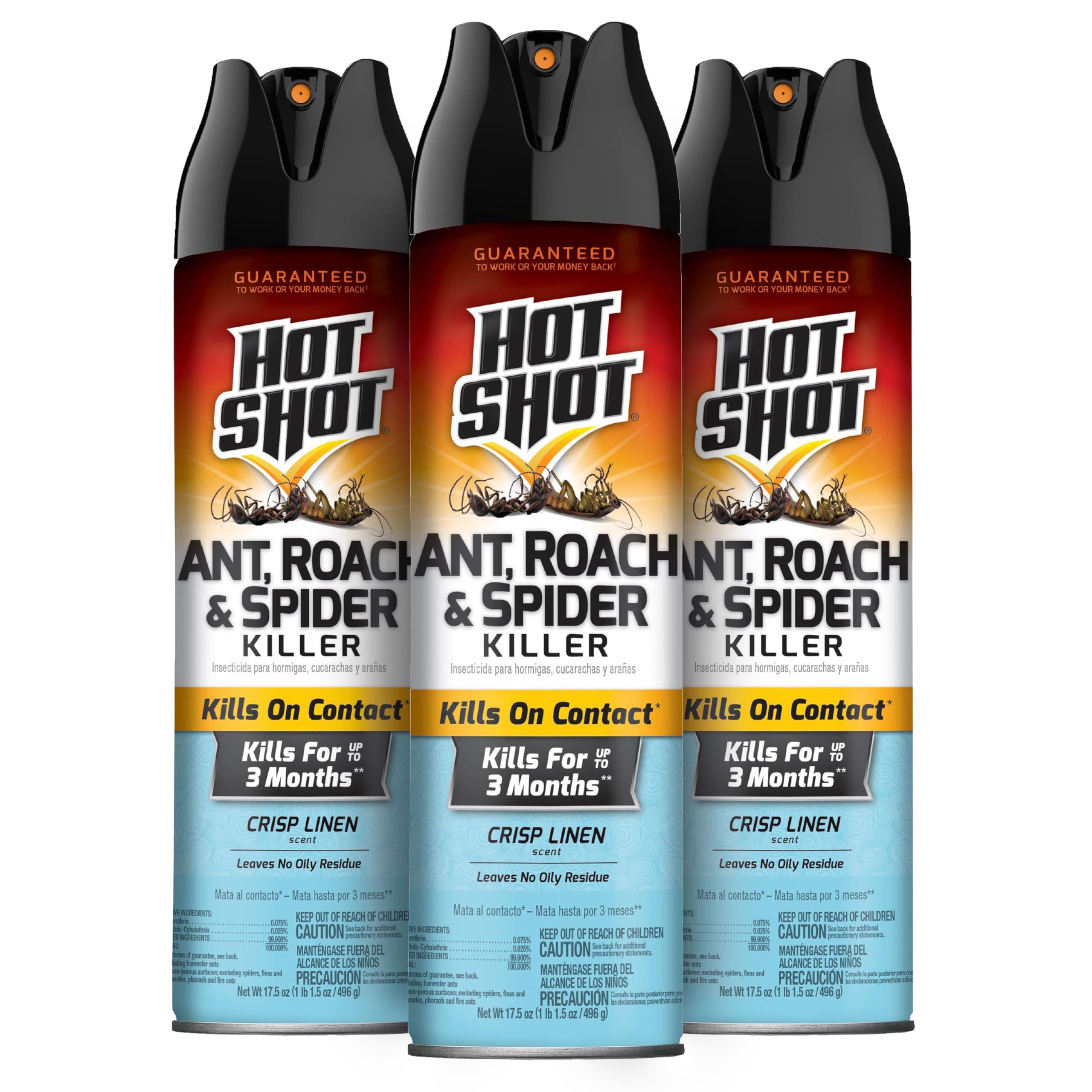 Hot Shot Ant Roach & Spider Killer 17.5 Oz, Crisp Linen Scent, 3 Pack | Kills On Contact & For up to 3 Months, Kills Insects Indoors & Outdoors, Ideal