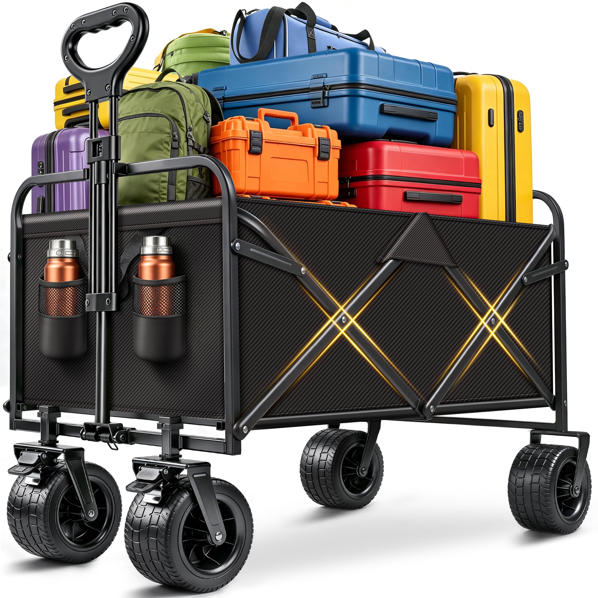Bollerwagen Faltbar mit Bremsen 200L 200KG Belastbar, Extra Breite Reifen All Terrain Handwagen, Verstellbarer Griff & 2 Netztaschen, Faltbarer Bollerwagen Für Hunde, Einkaufen, Camping, Strand