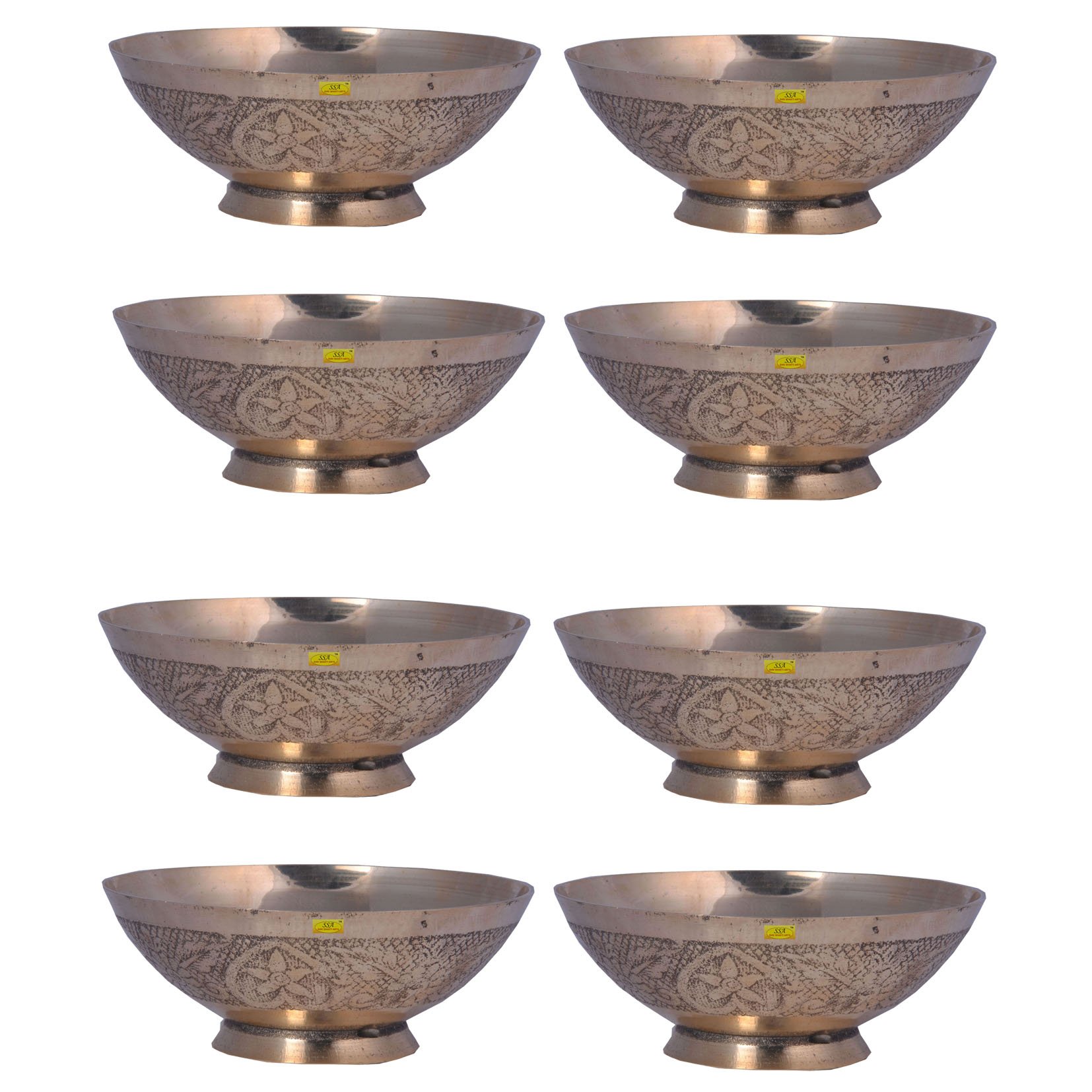 Shiv SHAKI Arts Handmade Pure Set of 8 Brass Bowl/Katori Embossed Design Volume= 250 ml Each