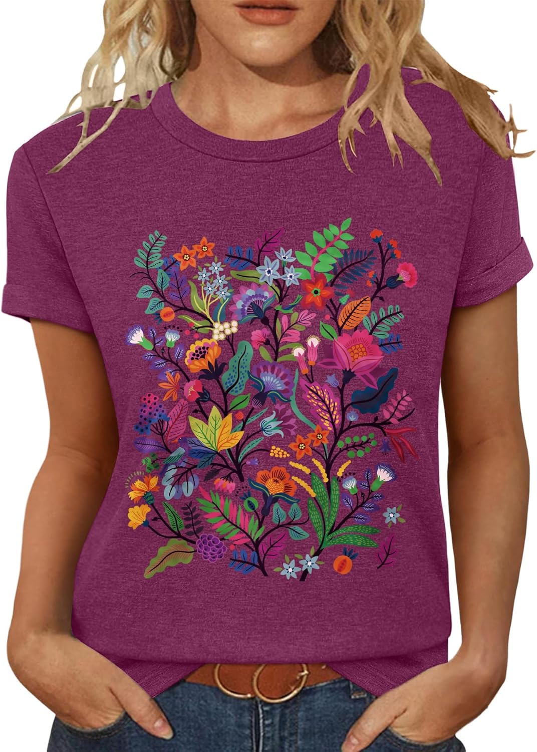 T Shirts for Women Crewneck Boho Flowers Wildflowers...