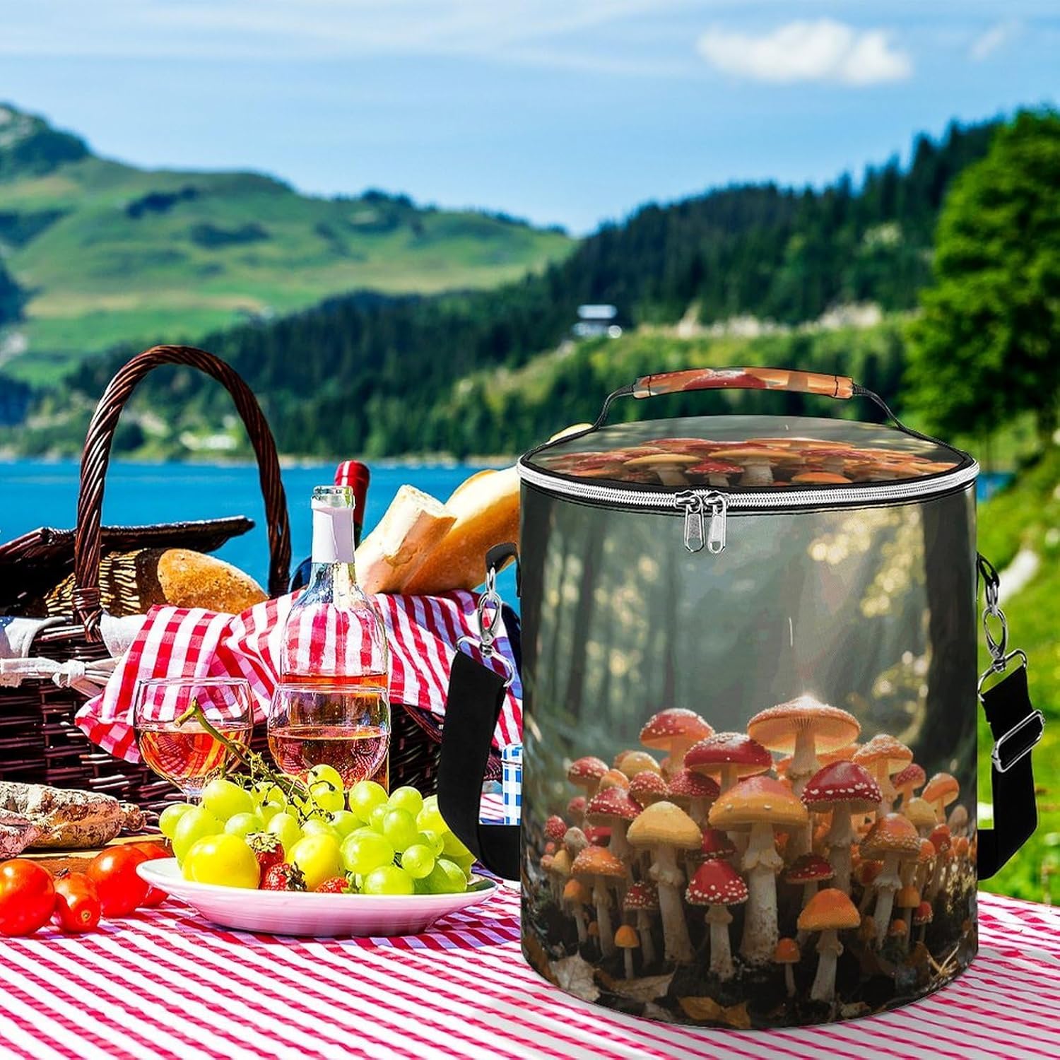 Mushrooms Lunch Bag 15L, Insulated Picnic Basket with Leakproof Design - Large Cooler Tote for Camping, Beach, Hiking & Groceries