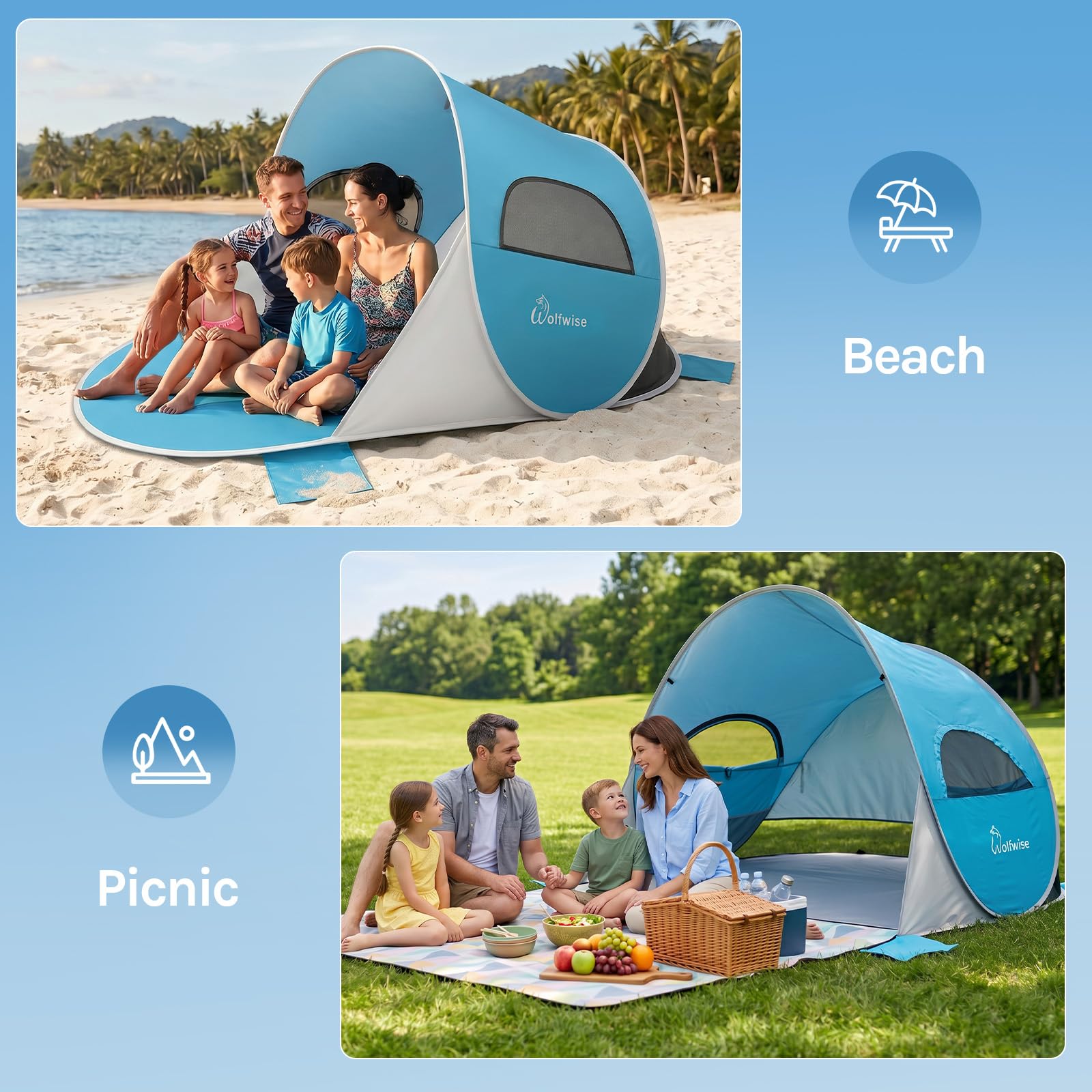 Wolfwise Pop Up – Osłona Plażowa UPF 50+, Namiot Plażowy, Przenośny Namiot do Aktywności na Świeżym Powietrzu i Uprawiania Sportu, Niebieski