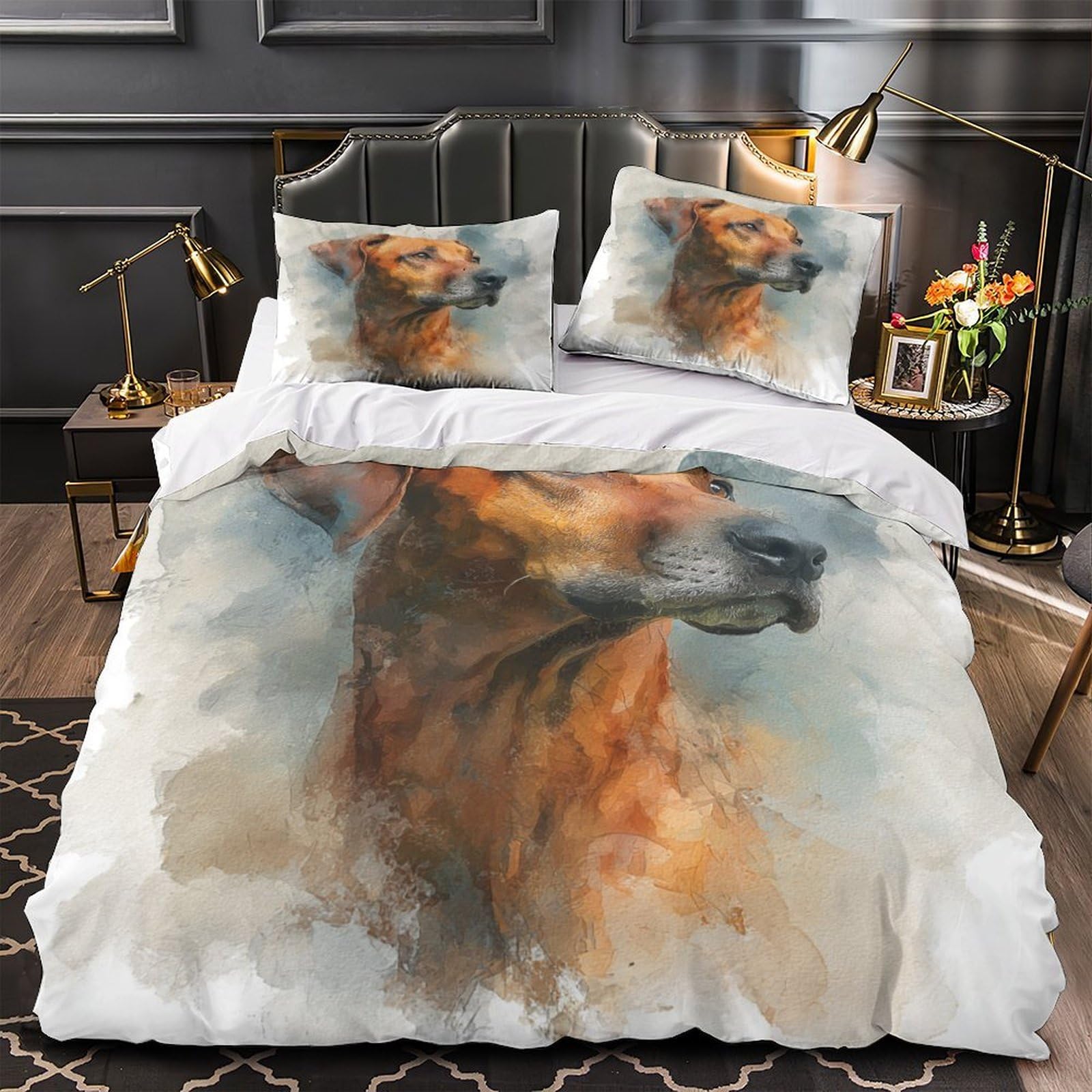 Housse de couette 3 pièces motif chien 3D anti-plis et facile à laver pour lit double 200x200