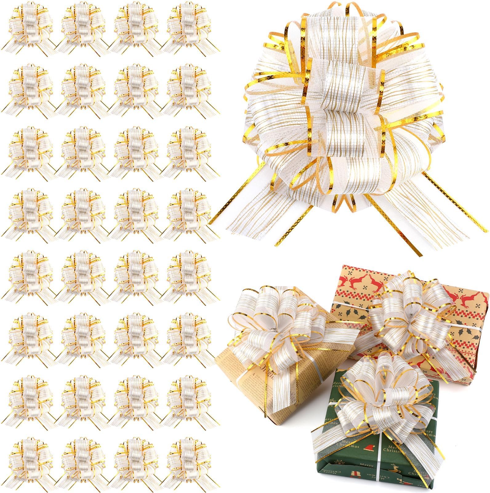 20 Pcs White Pull Bow 6 Inch Christmas Gift Wrapping Pull Bow for Gifts Wrapping Party Birthday Holiday Gift Boxes Bow Basket Packaging Bows for Valentine's Day Presents Flower Decorations (White)