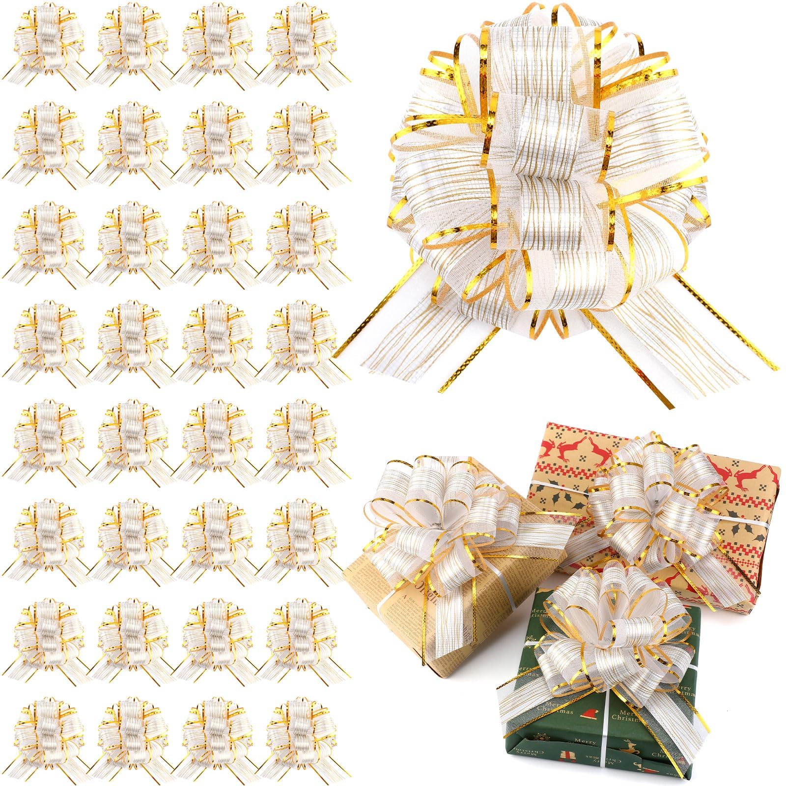 20 Pcs White Pull Bow 6 Inch Christmas Gift Wrapping Pull Bow for Gifts Wrapping Party Birthday Holiday Gift Boxes Bow Basket Packaging Bows for Valentine's Day Presents Flower Decorations (White)