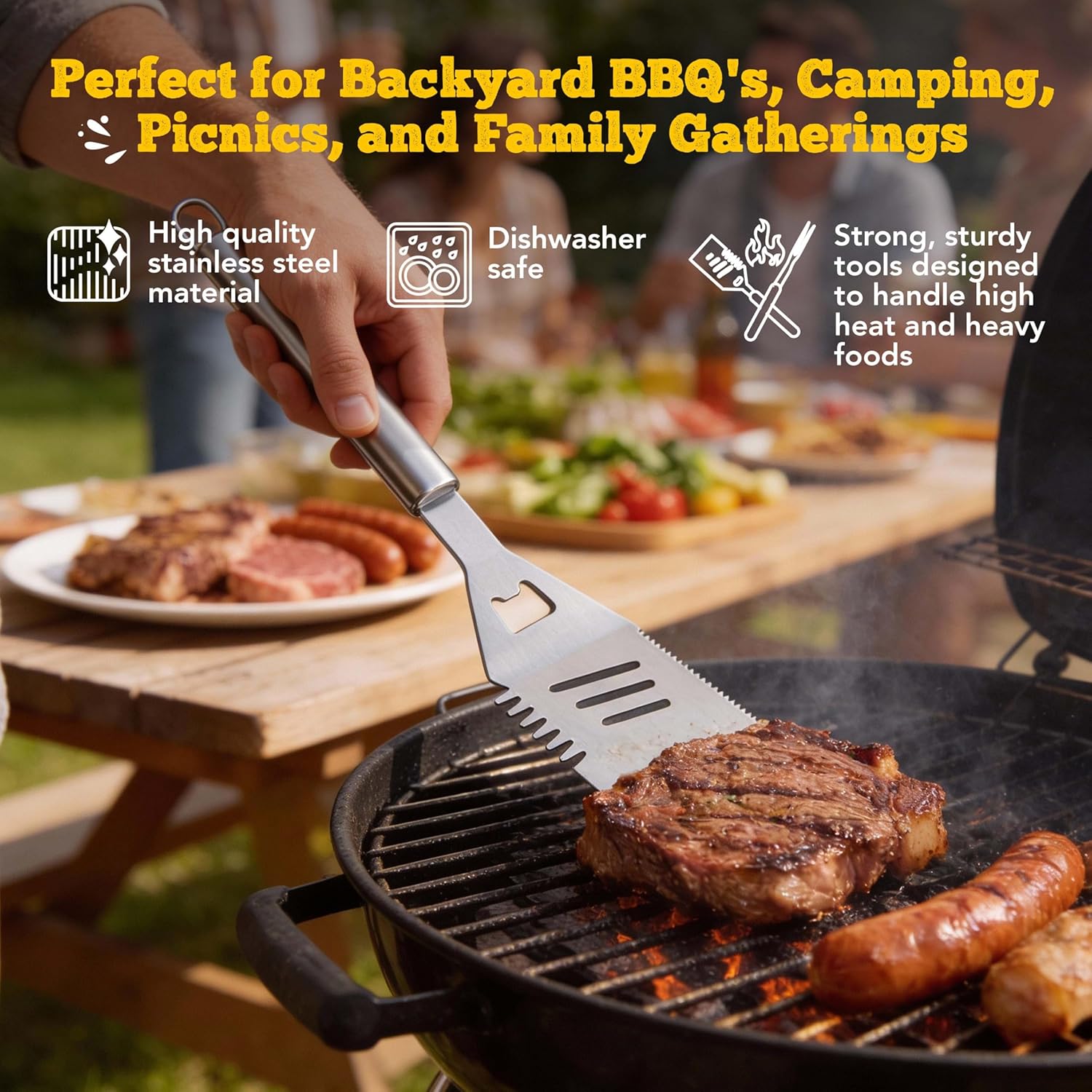 Custom Engraved King of The Grill Name BBQ Accessories Grill Tools Set with Wooden Storage Case 5 Piece Kit with Stainless Steel Tongs, Spatula, Fork, Basting Brush, & Knife Gift for Men (SS)