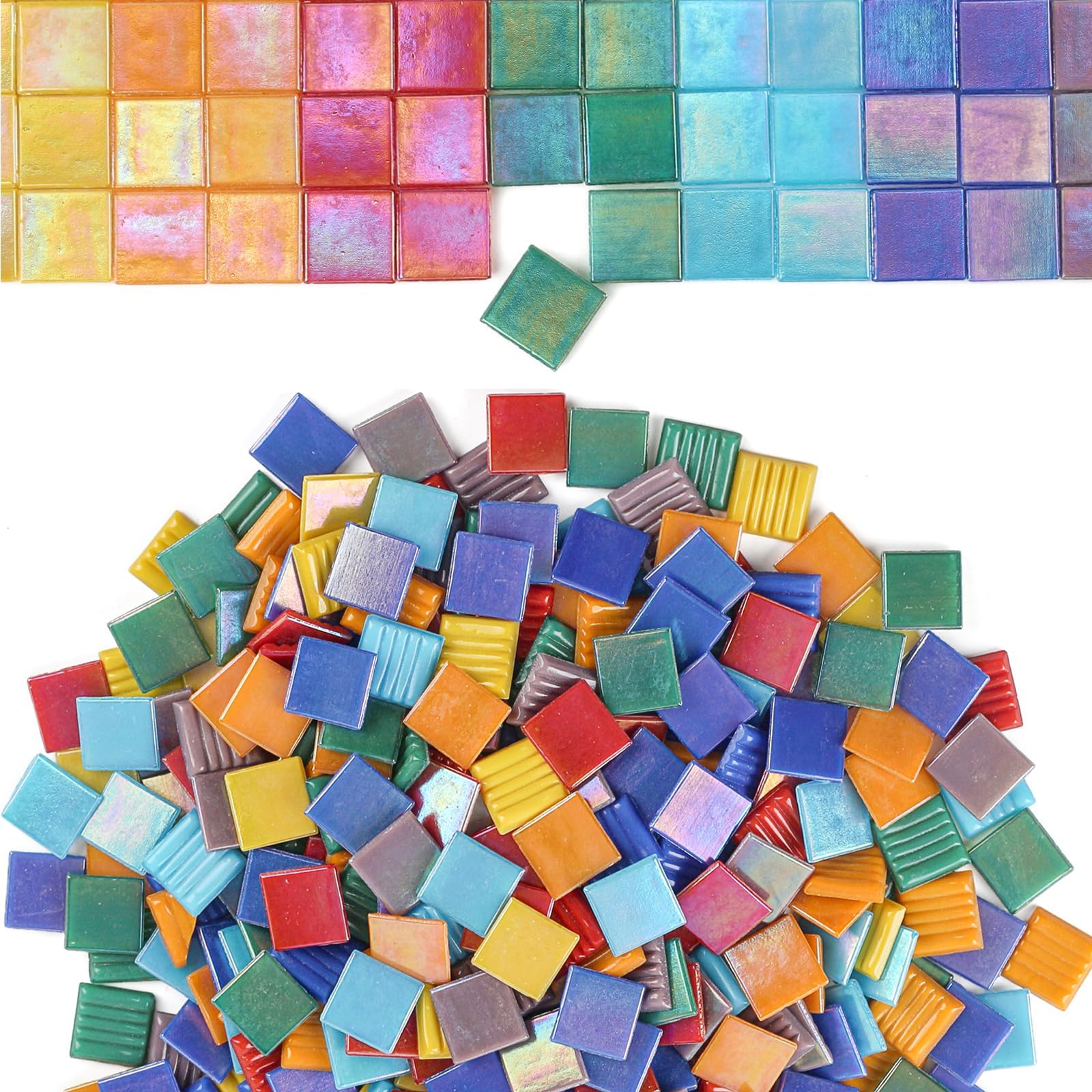 Youway Style Vitreous Mosaic Tiles for Crafts Bulk, 2.2lb Iridescent Mosaic Glass Tiles for Art Crafts, 3/4 inch Square Mosaic Glass Pieces for Spring & Easter Decorations
