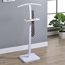 Kings Brand Furniture Henry Mens Suit Valet Stand Freestanding Clothes Valet Rack with Jacket Hanger, Pants Bar, Tie Holder & Storage Shelf Modern Bedroom Garment Organizer White