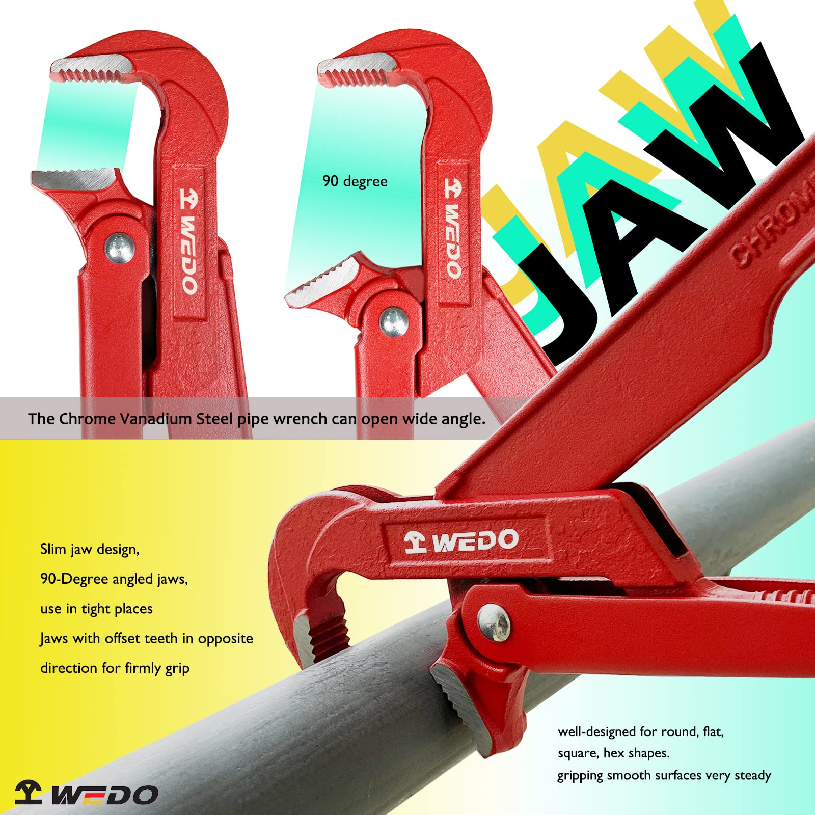 WEDO Llave de tubo sueca en ángulo de 90grados,llave de bomba de agua,diámetro de sujeción de tubería de 3 pulgadas,longitud de 630mm,apertura máxima de mandíbula de 8mm,acero CR-V