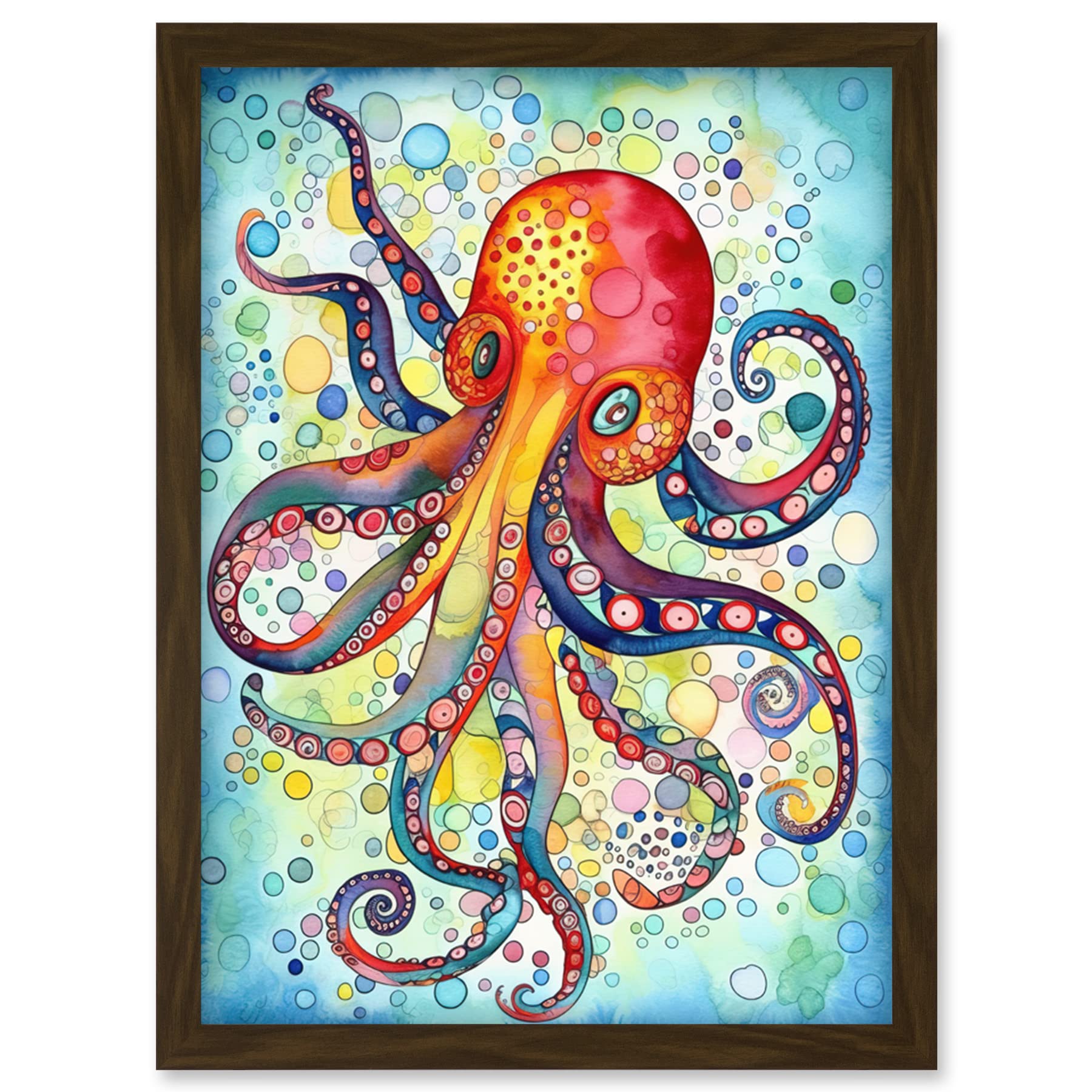 Artery8 Octopus Swimming In Air Bubbles Folk Art Watercolour Painting Artwork Framed Wall Art Print A4