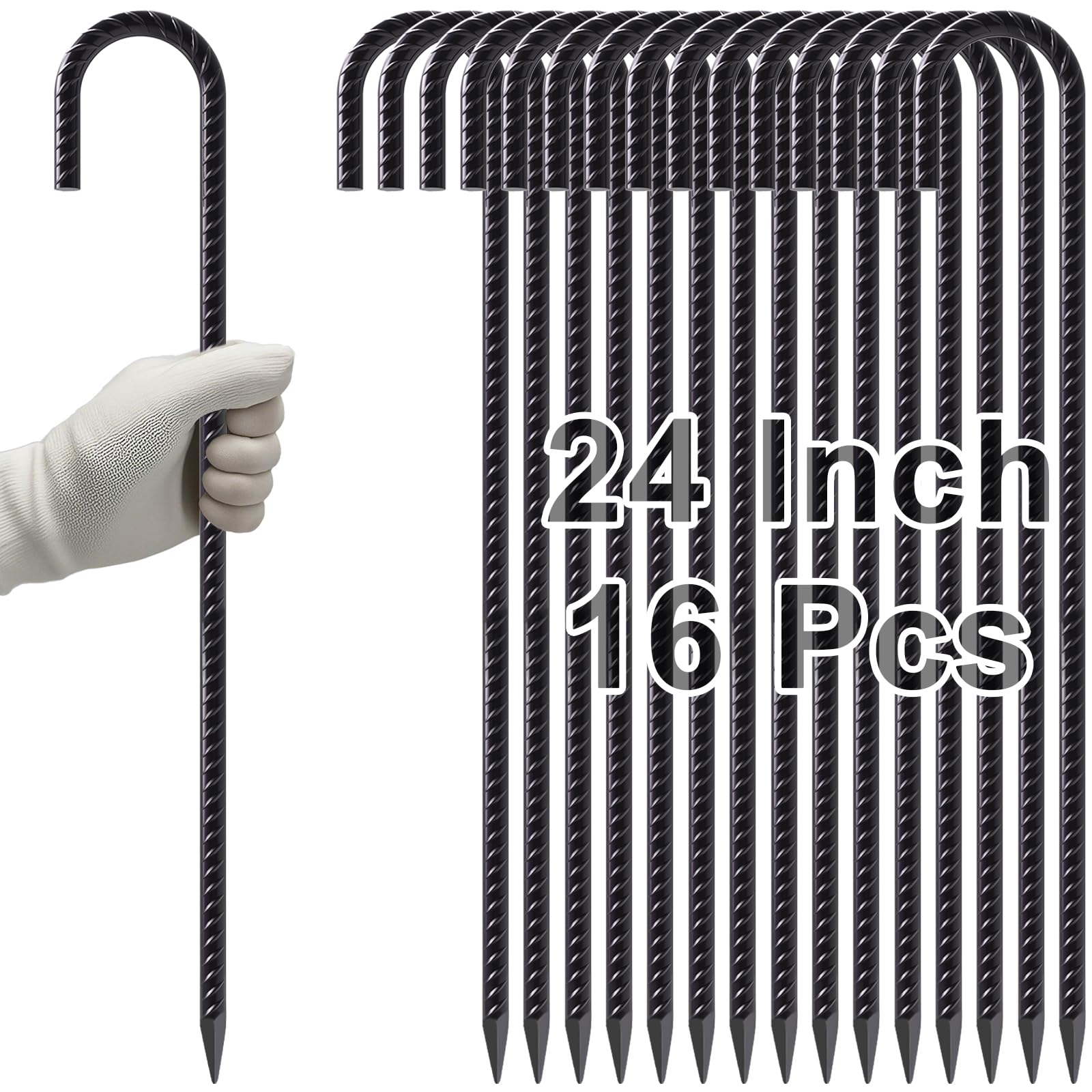 VVOKGO Rebar Stakes 24 Inch J Hook Heavy Duty Ground Anchors (16pcs), 3/8 Inch Diameter Metal Steel Extra Long Fence Stakes with Chisel Point End for